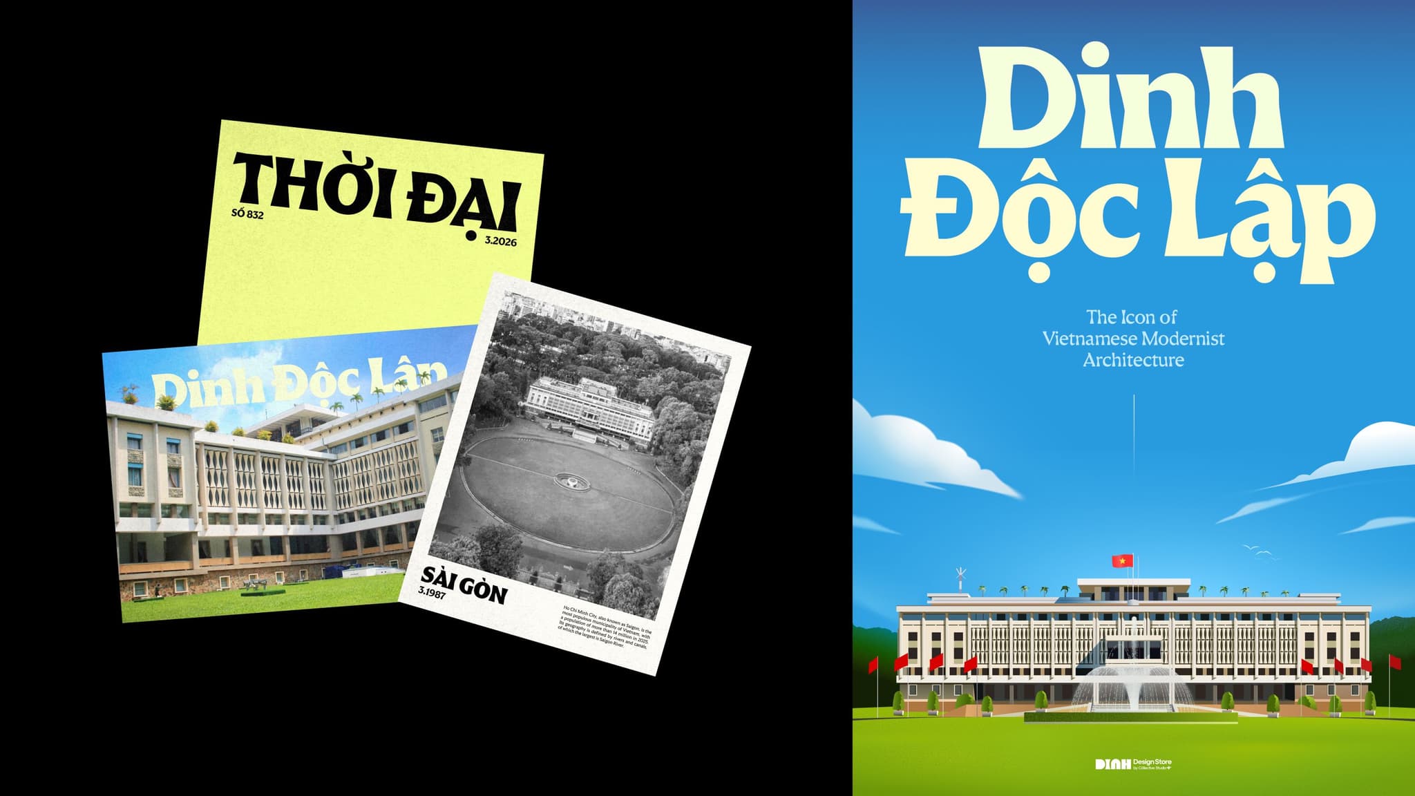 Vietnam Independence book covers “Thời Đại”, “Sài Gòn”, and “Dinh Độc Lập” with historic building photos