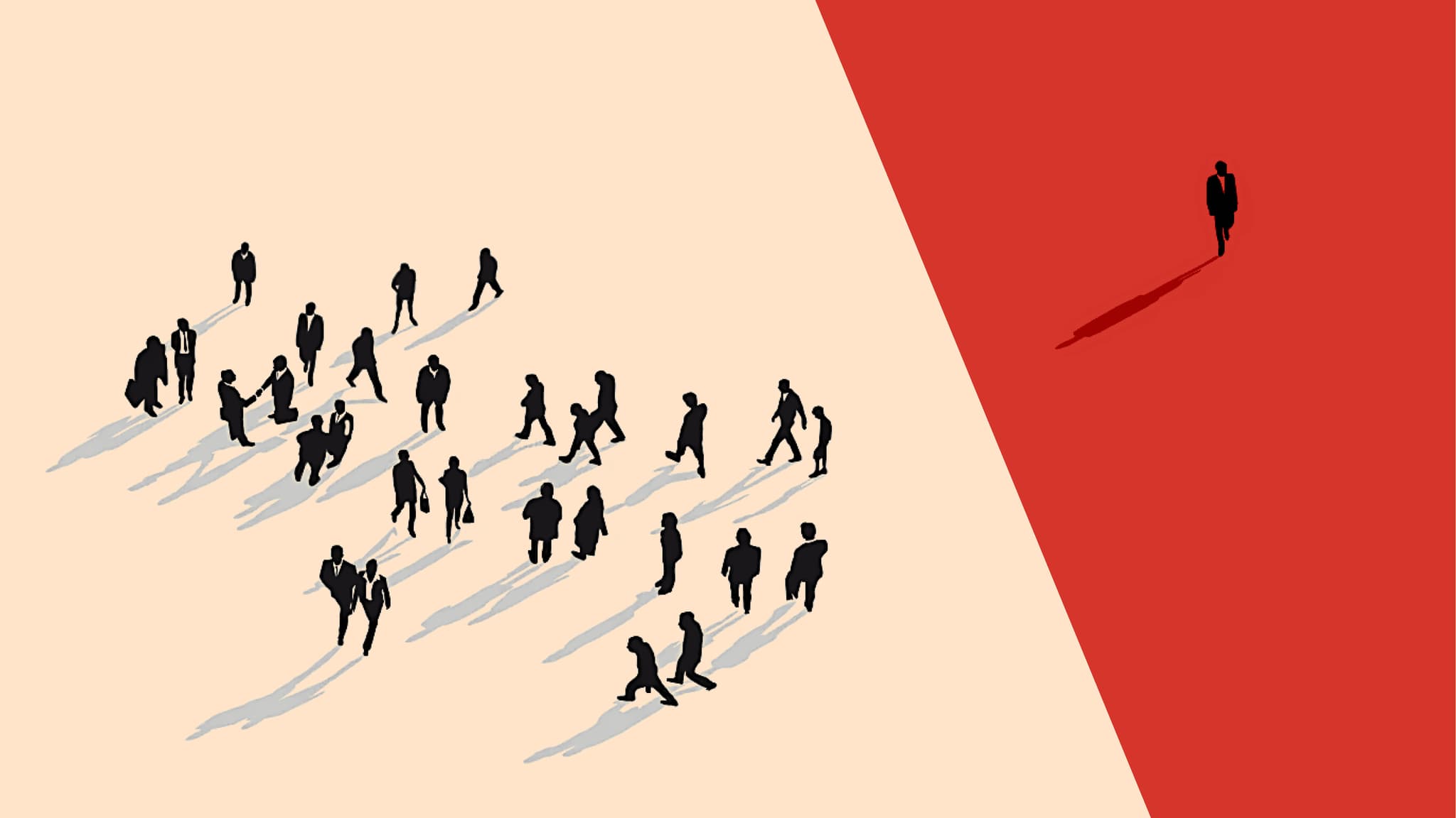 Silhouettes of diverse people on a light background, contrasting with a solitary figure against a red backdrop, symbolizing isolation.