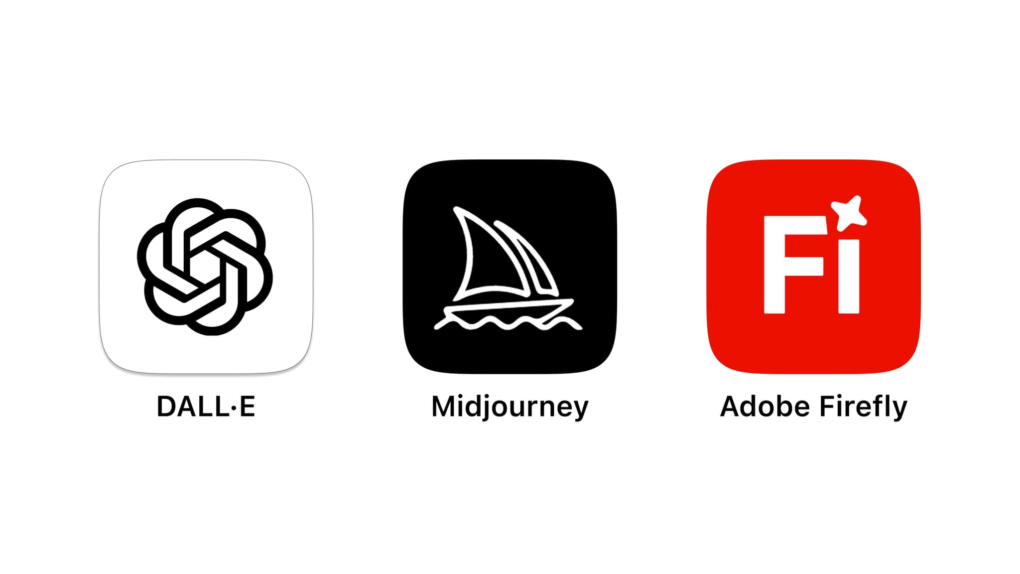 Logos for AI image generation tools: DALL·E, Midjourney, and Adobe Firefly, showcasing innovative design software.