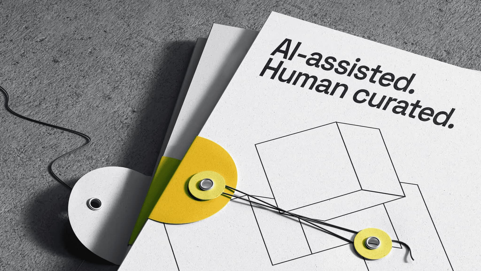 "Cover of a report titled 'AI-assisted. Human curated.' featuring a minimalist design with geometric shapes."