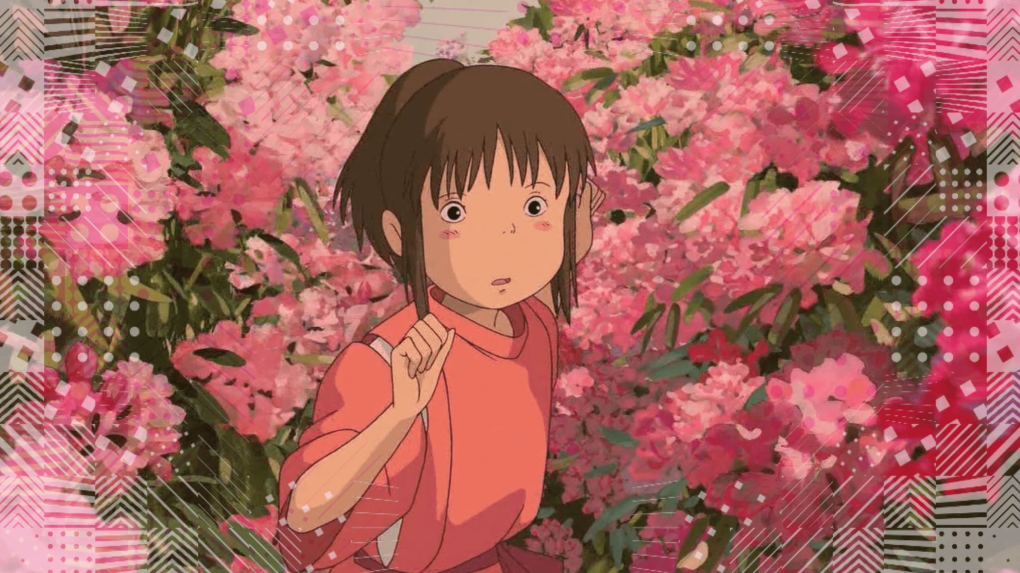 Young girl in a pink outfit surrounded by vibrant flowering plants. She is the character Chihiro from the movie "Spirited Away" by Studio Ghibli