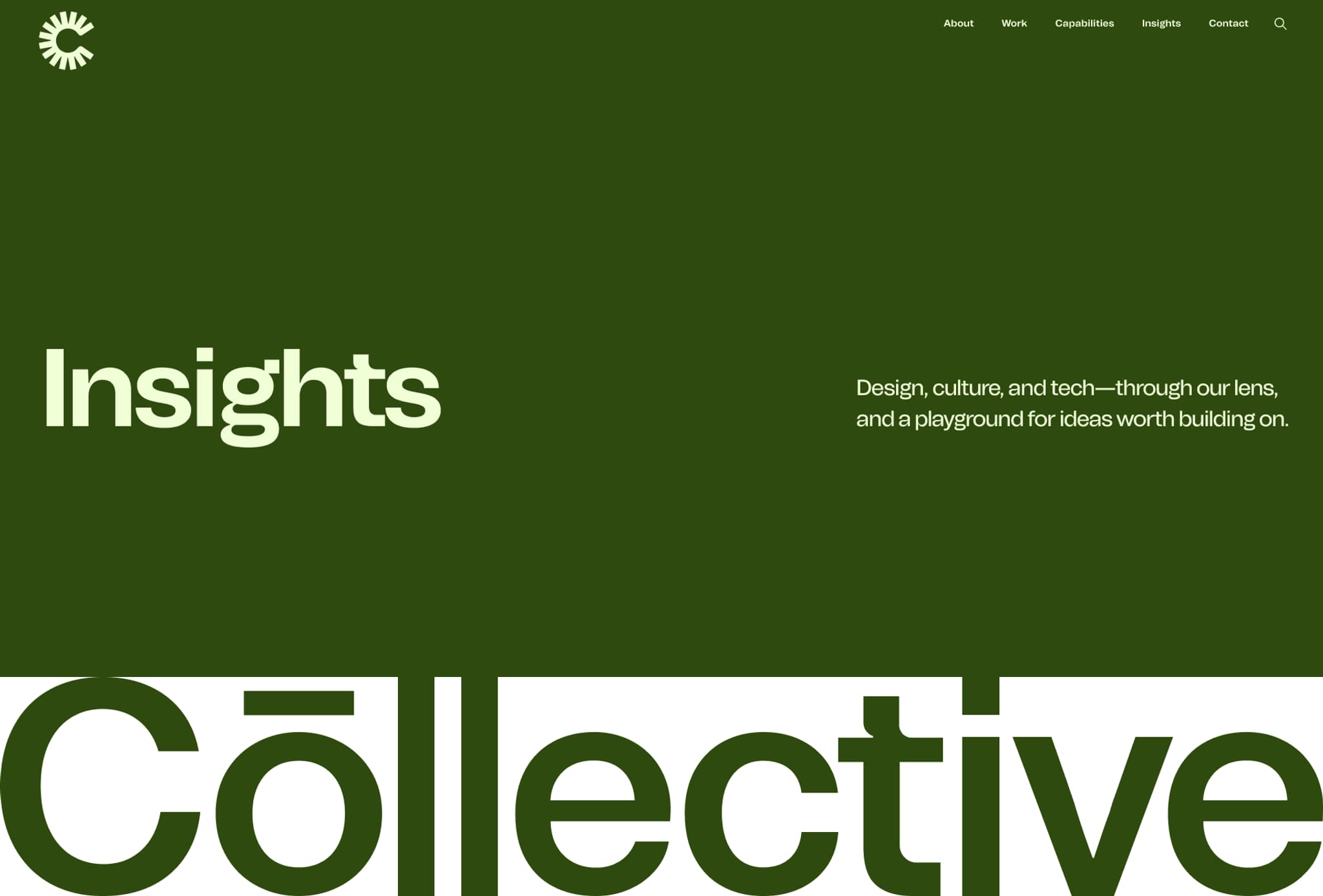 Green background featuring the word "Insights" in bold white text, showcasing design, culture, and technology concepts.