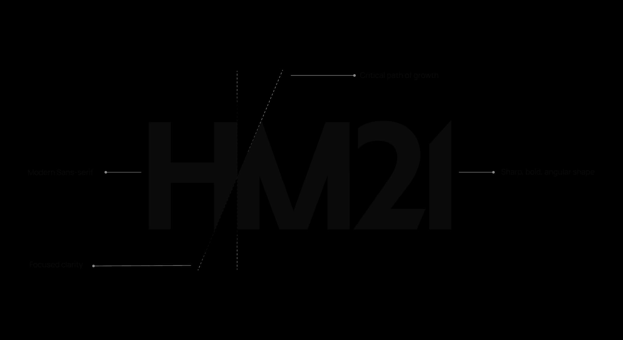 Logo featuring "HM21" with stylized typography and design elements outlining key features or concepts.