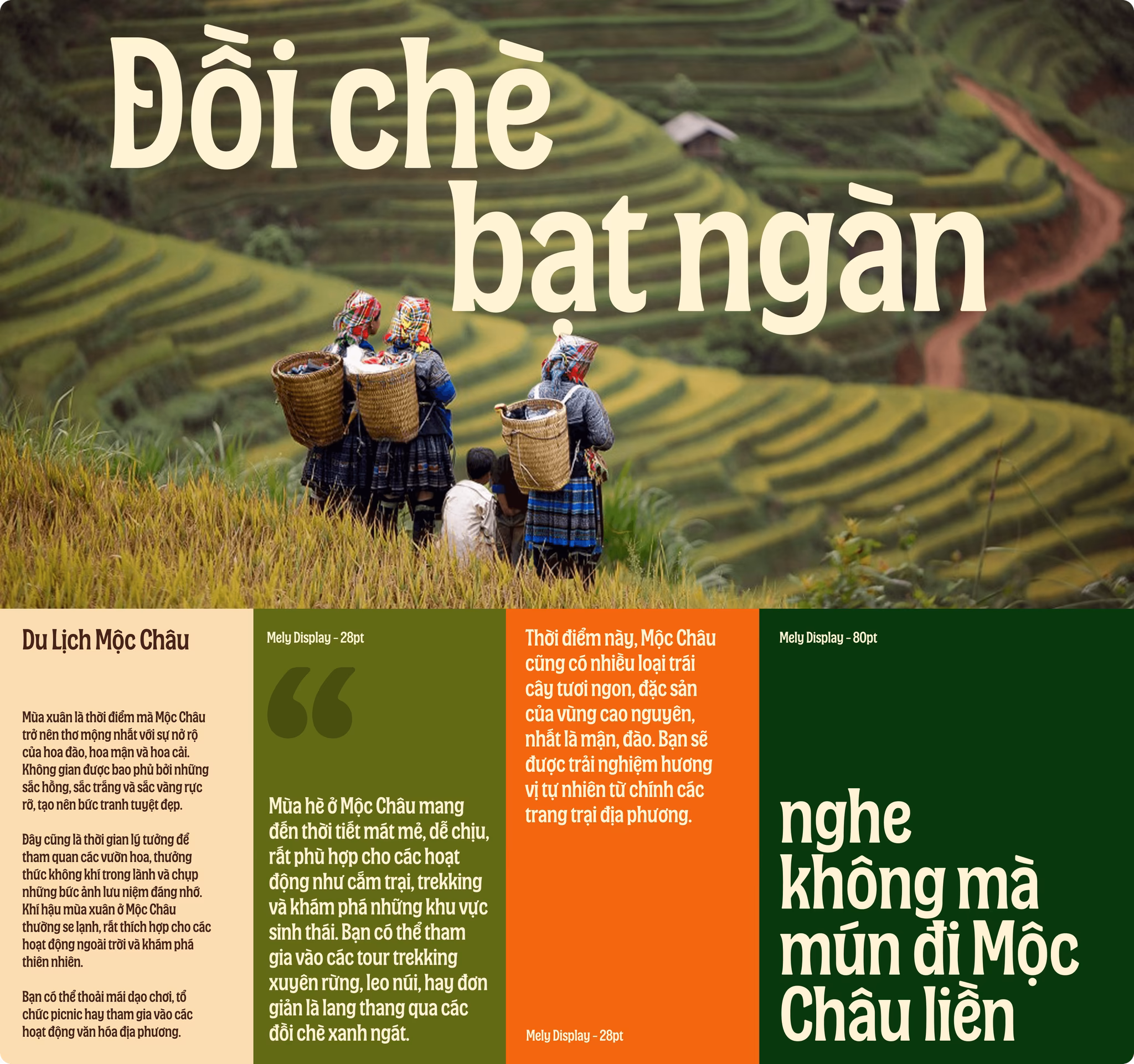 Travel guide showcasing Moc Chau's landscape, featuring text in Vietnamese and images of local farmers in rice paddies.