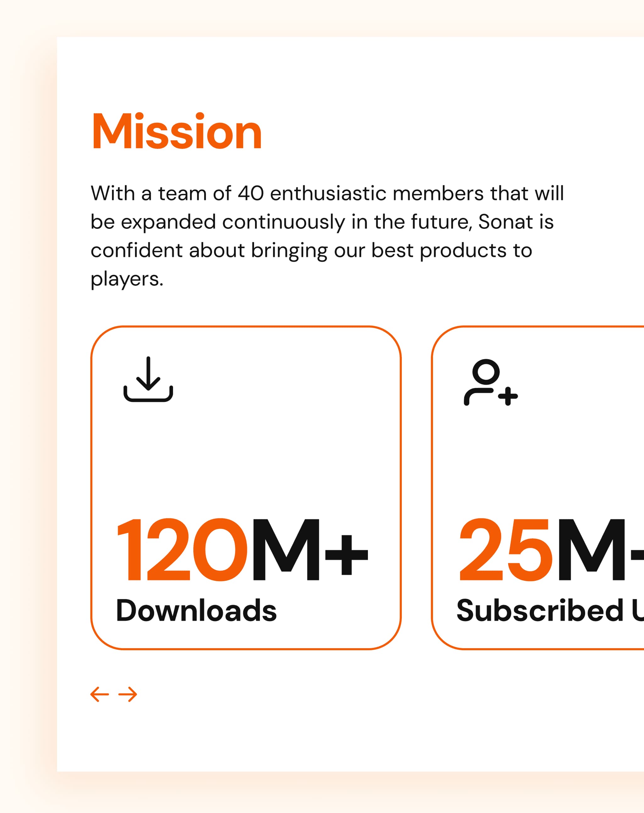 Mission statement detailing Sonat's team and accomplishments, highlighting 120M+ downloads and 25M+ subscribers.