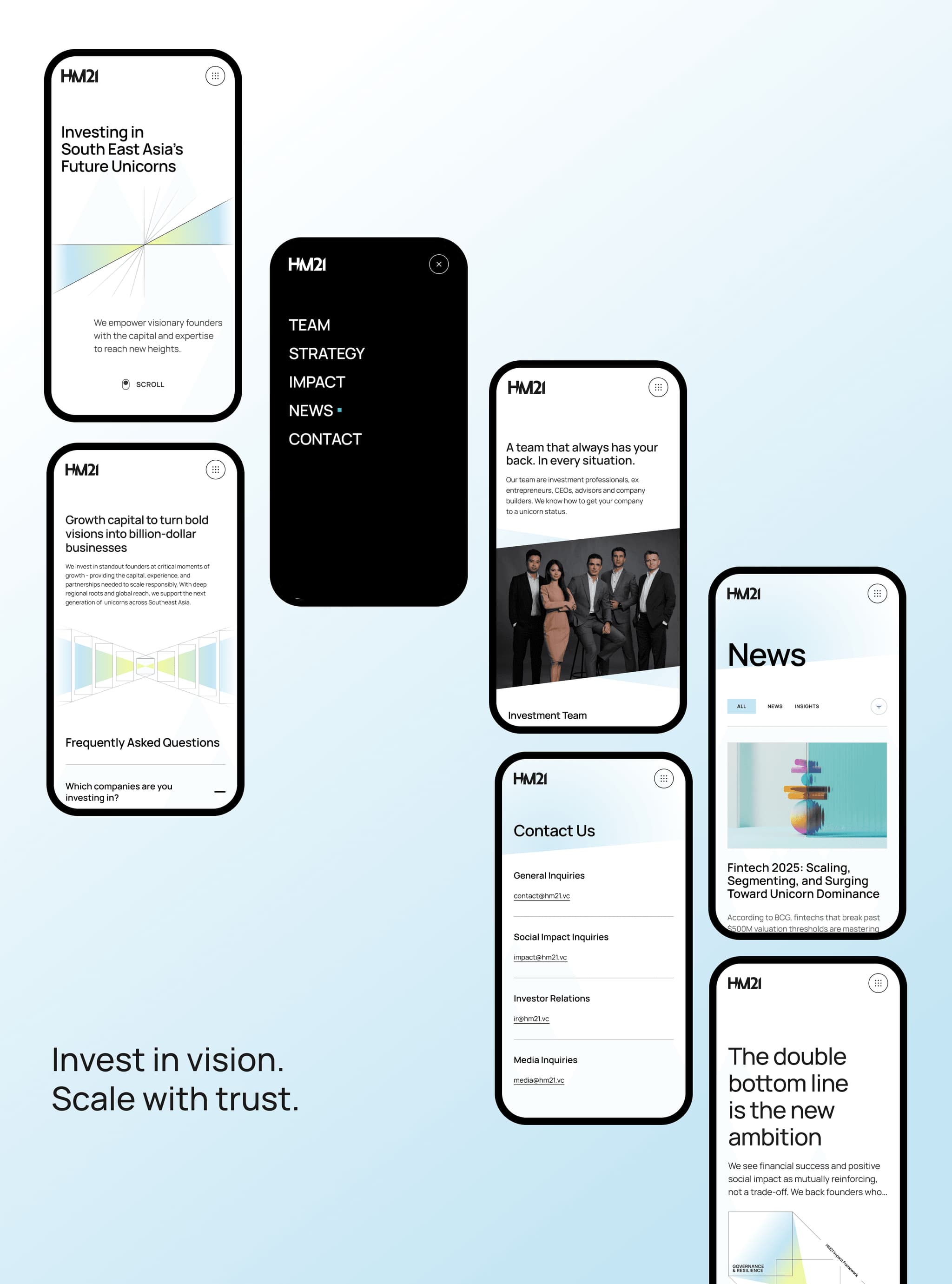 Mobile mockup showcasing website designs, including investment strategy and contact information for the brand Hu21.