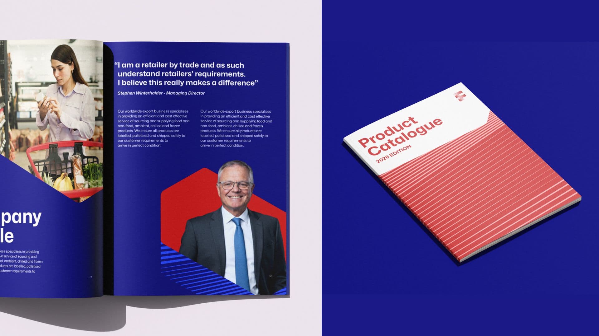 Product catalogue mock-up on blue background, showing open brochure and printed cover design for marketing
