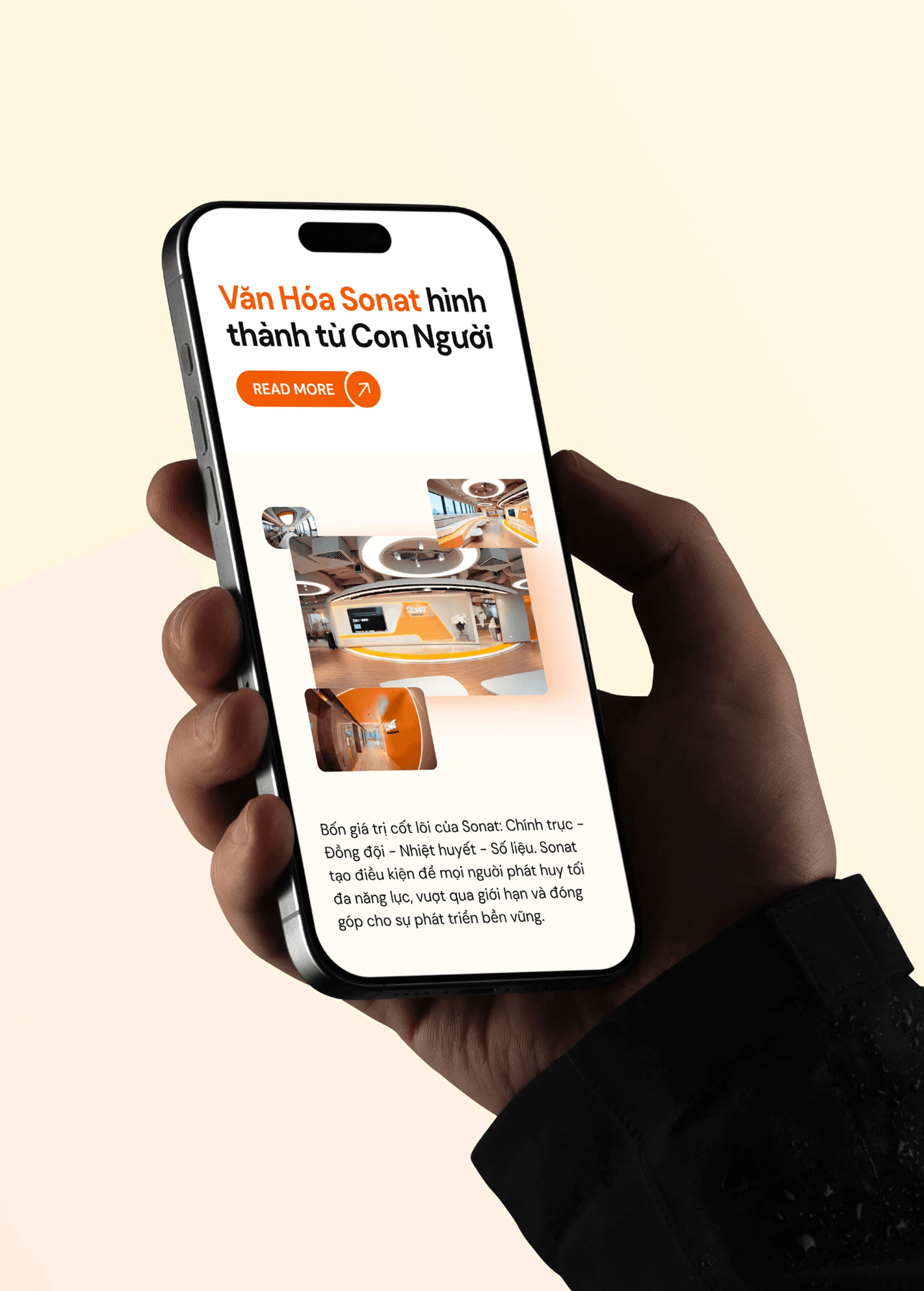 Smartphone displaying a webpage about Sonat culture, featuring a stylish interior design and a "Read More" button.