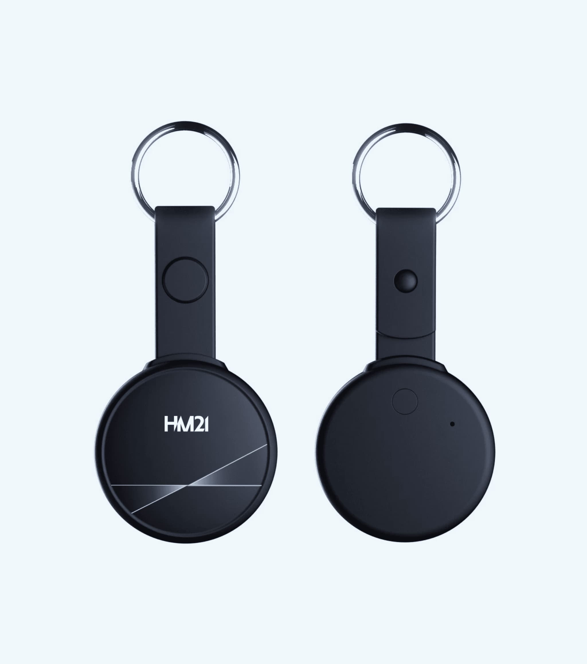 Black keychain tracker featuring a sleek design, with branding and a button for easy access.