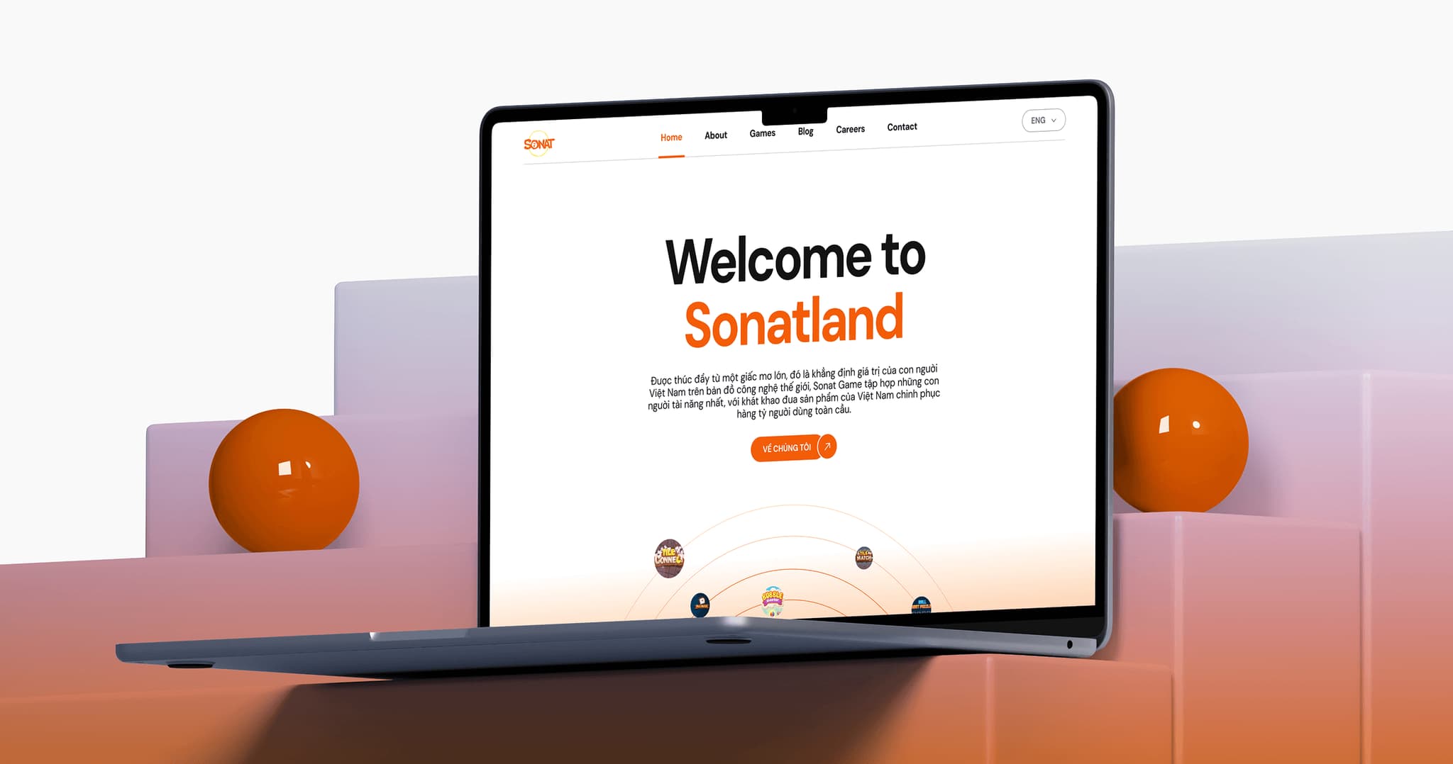 Laptop displaying the homepage of Sonatland with a welcoming message, set against a minimalistic background.