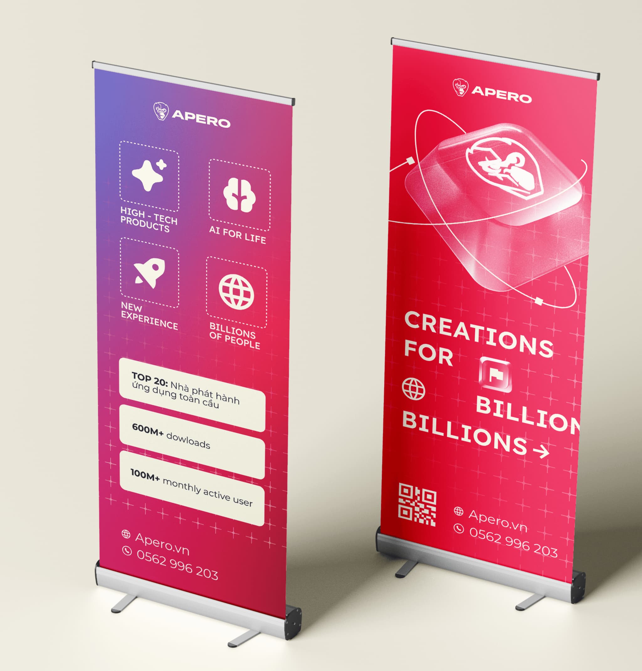 Apero branded banners displaying high-tech products, downloads statistics, and catchy slogans in vibrant red and purple.