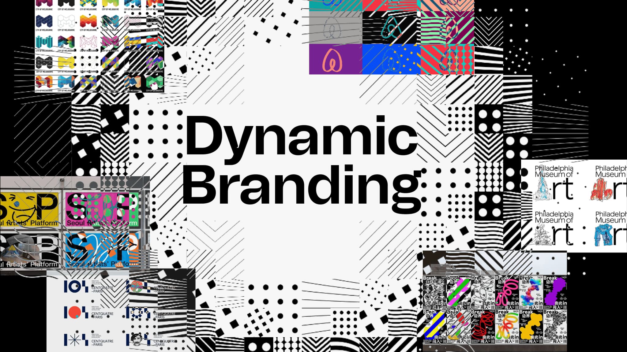 Dynamic branding design featuring colorful patterns and bold graphics, showcasing various artistic styles and elements.
