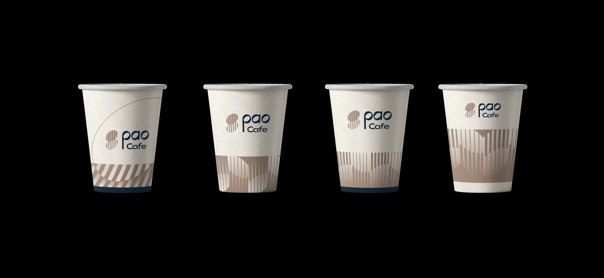 Various Pao Cafe paper coffee cups, showcasing different designs and colors. Perfect for beverage presentation and branding.