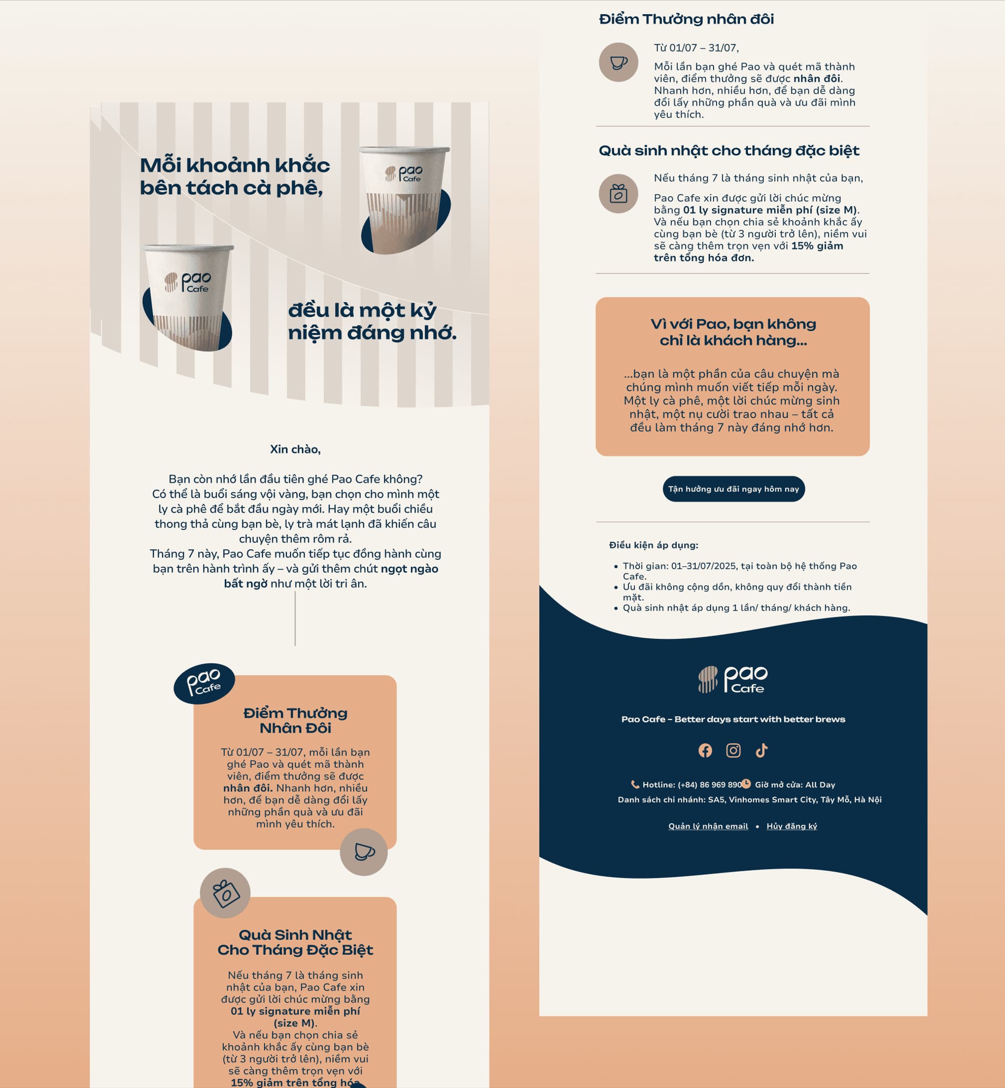 Email marketing design for Pao, featuring coffee products, promotions, and customer engagement tips in a modern layout.
