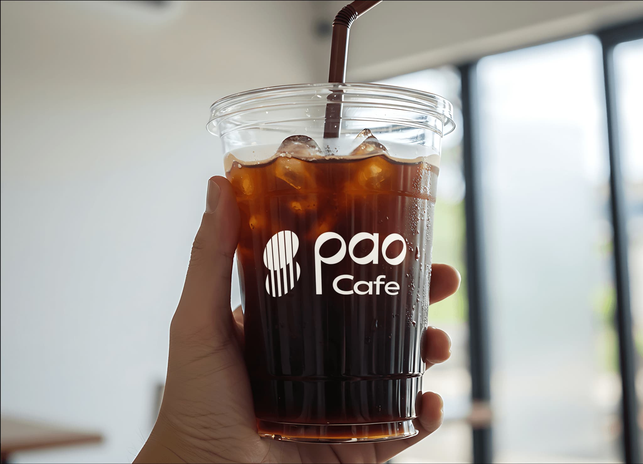 Iced coffee in a clear cup with a straw, featuring the Pao Cafe logo in a modern setting.