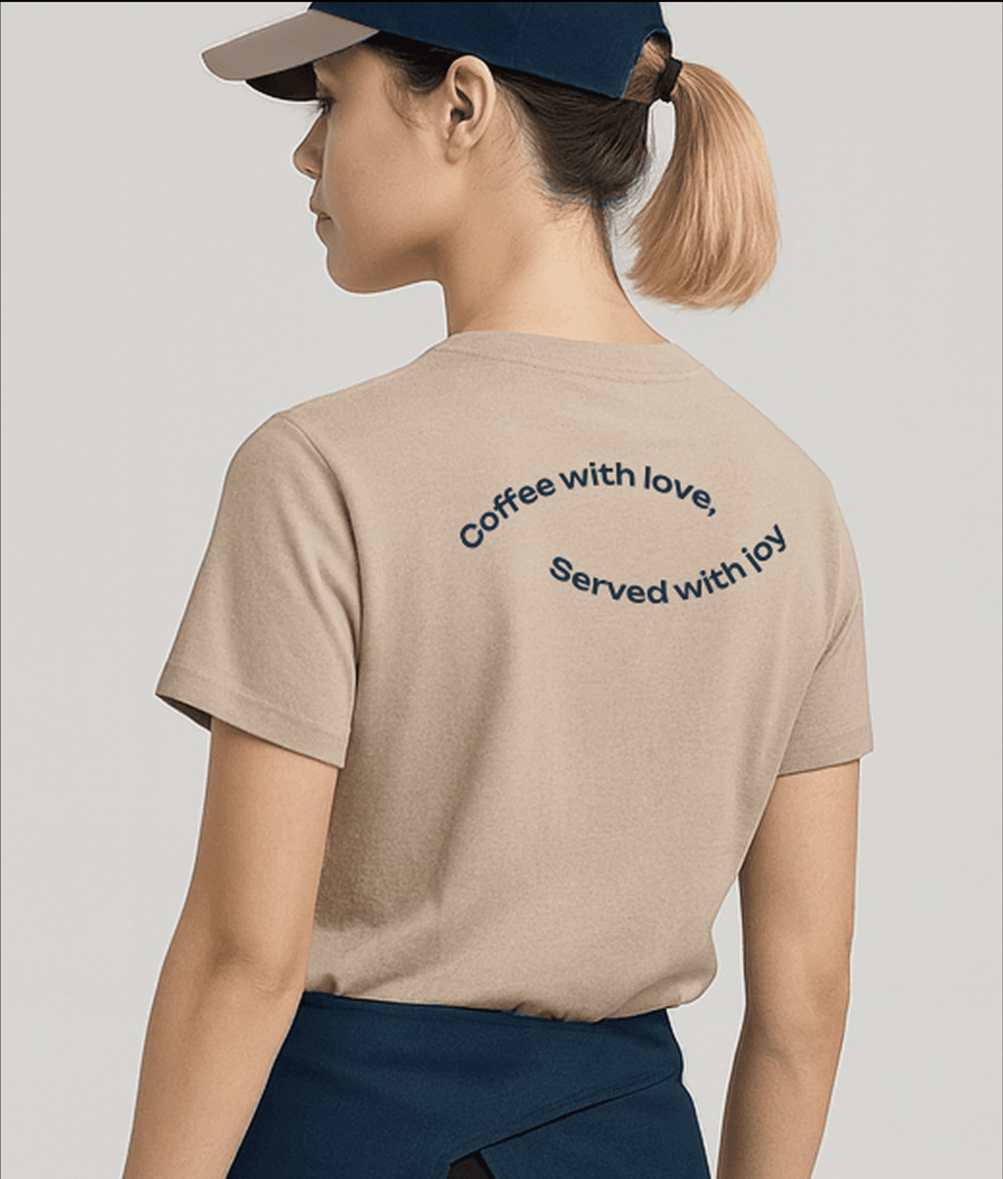 Tan t-shirt with curved text on the back reading "Coffee with love, Served with joy." Perfect for coffee shop staff attire.