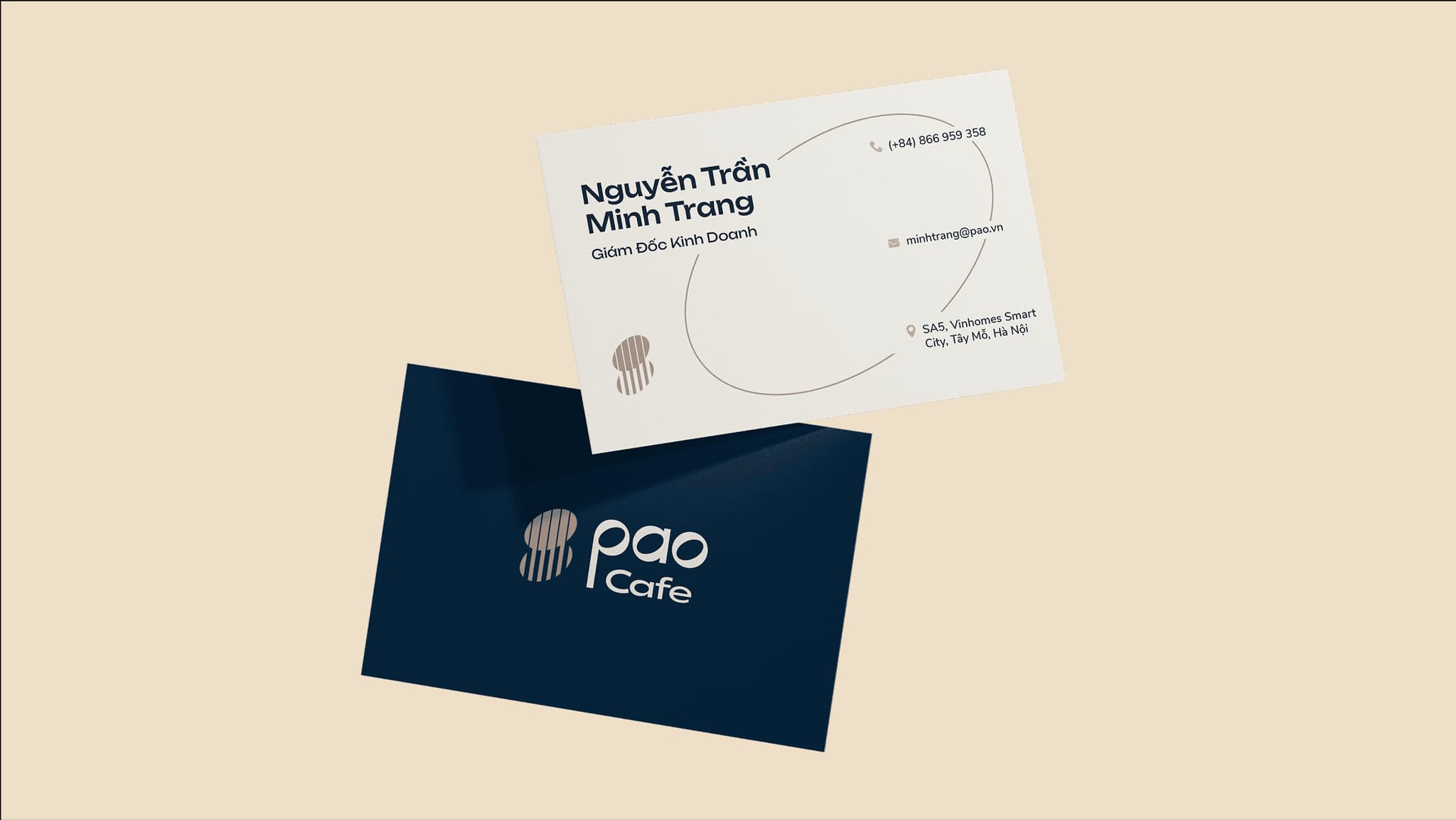 Modern business card design for Pao Cafe, featuring contact details and a sleek logo on a minimalist background.