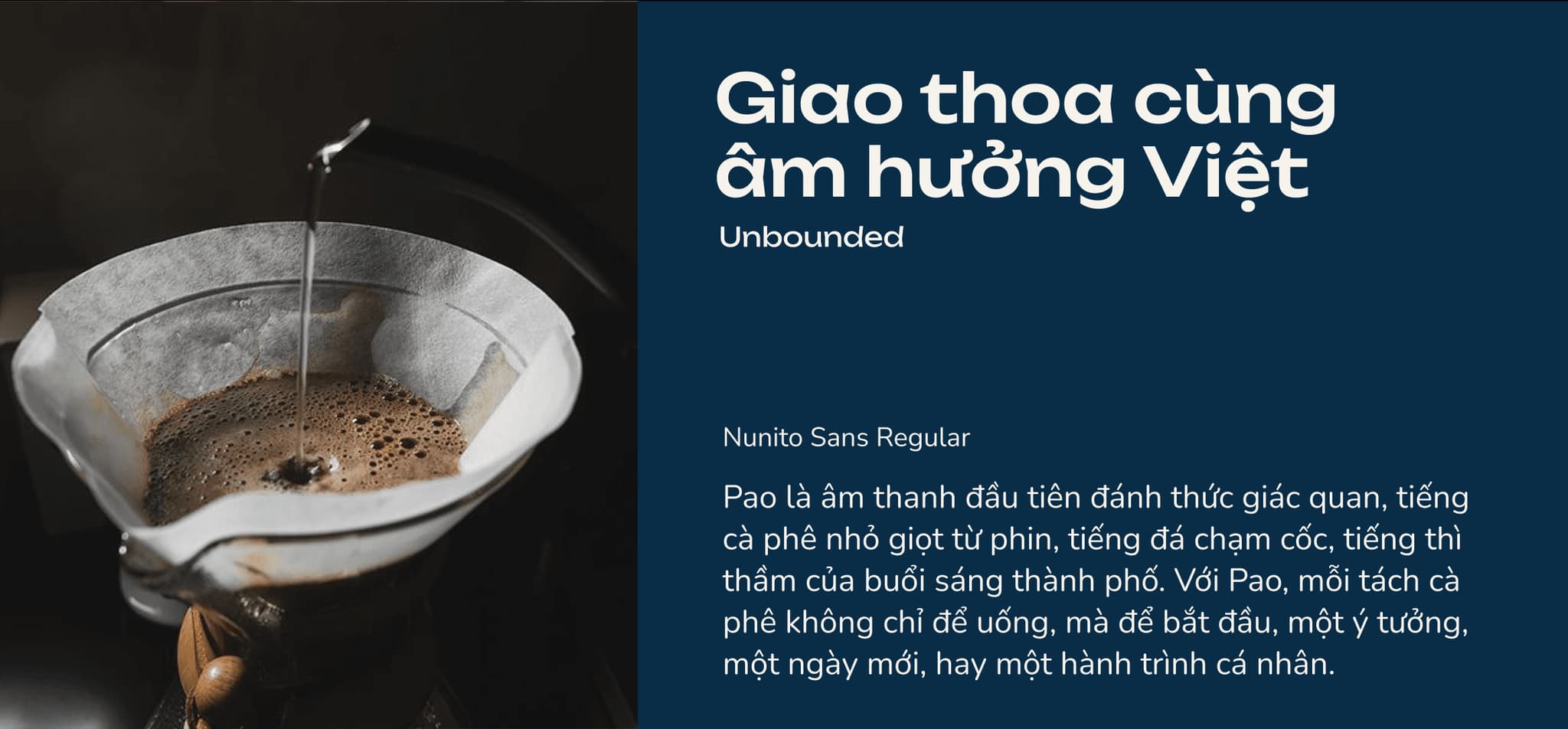 Vietnamese coffee brewing with text describing its cultural significance and enjoyment; features "Pao" in a modern typography style.