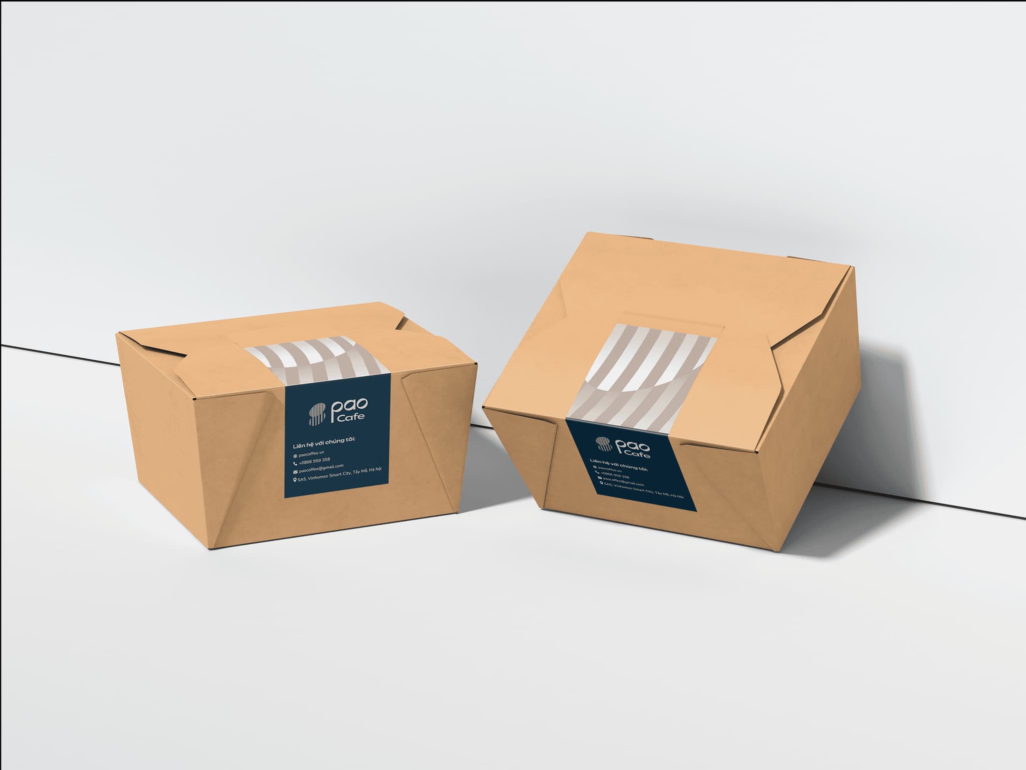 Brown packaging boxes with labels, designed for food delivery, showcasing a modern and minimalist style.