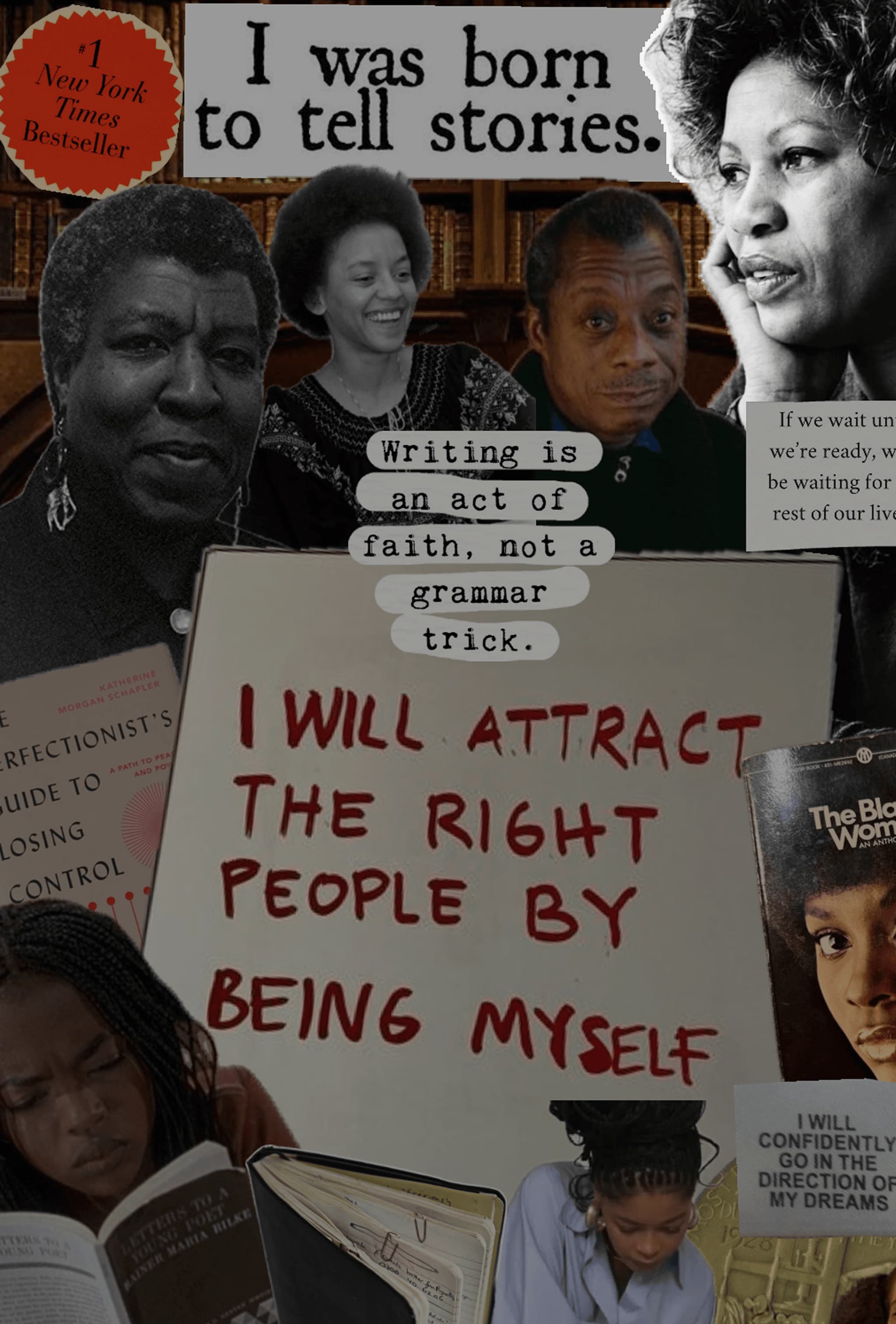 Collage of influential Black authors and quotes on writing, storytelling, and authenticity. Features themes of self-expression and identity.