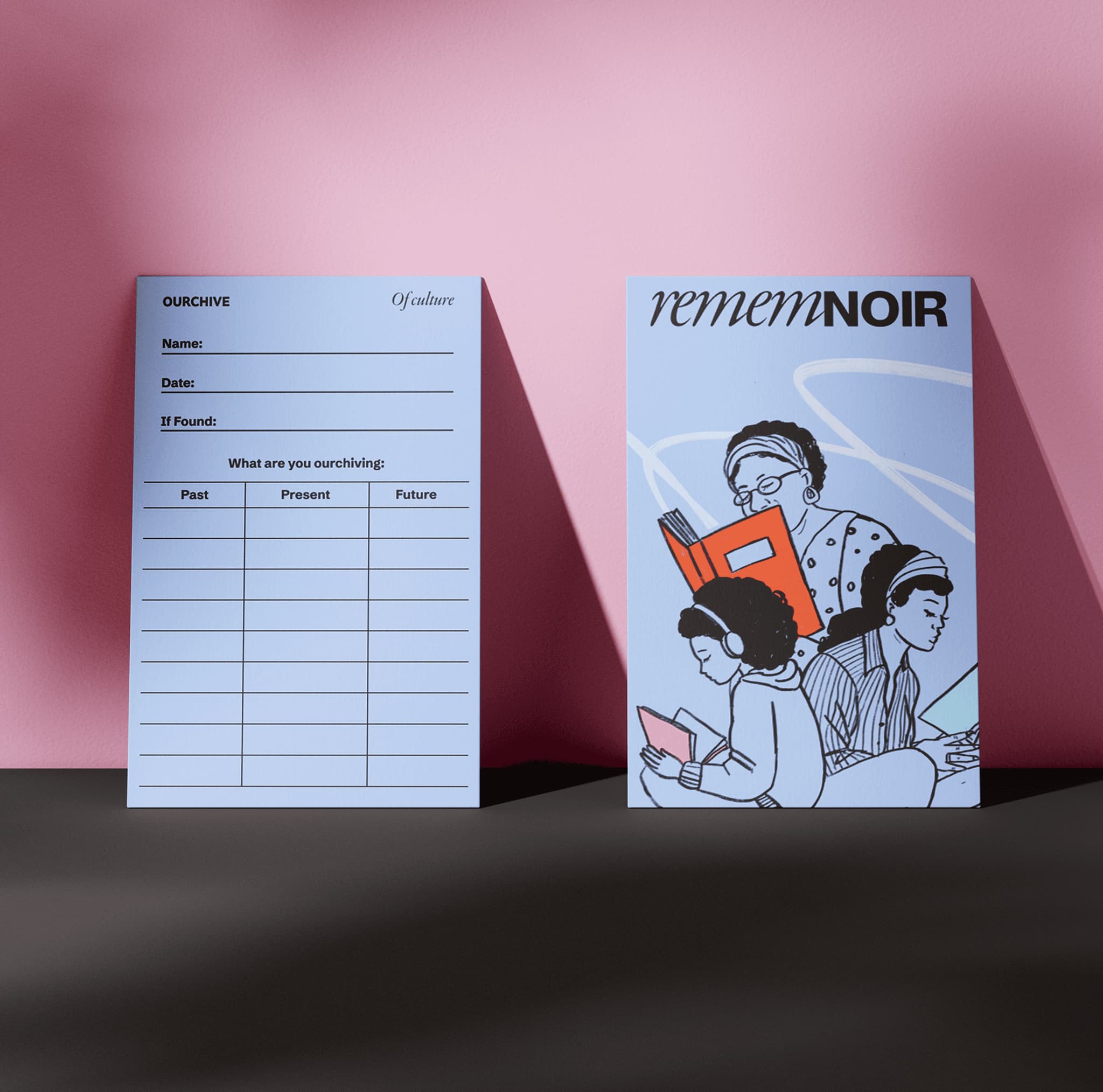 Blue and pink cards featuring "Remenoir" design, one with a table for notes and the other depicting people reading.