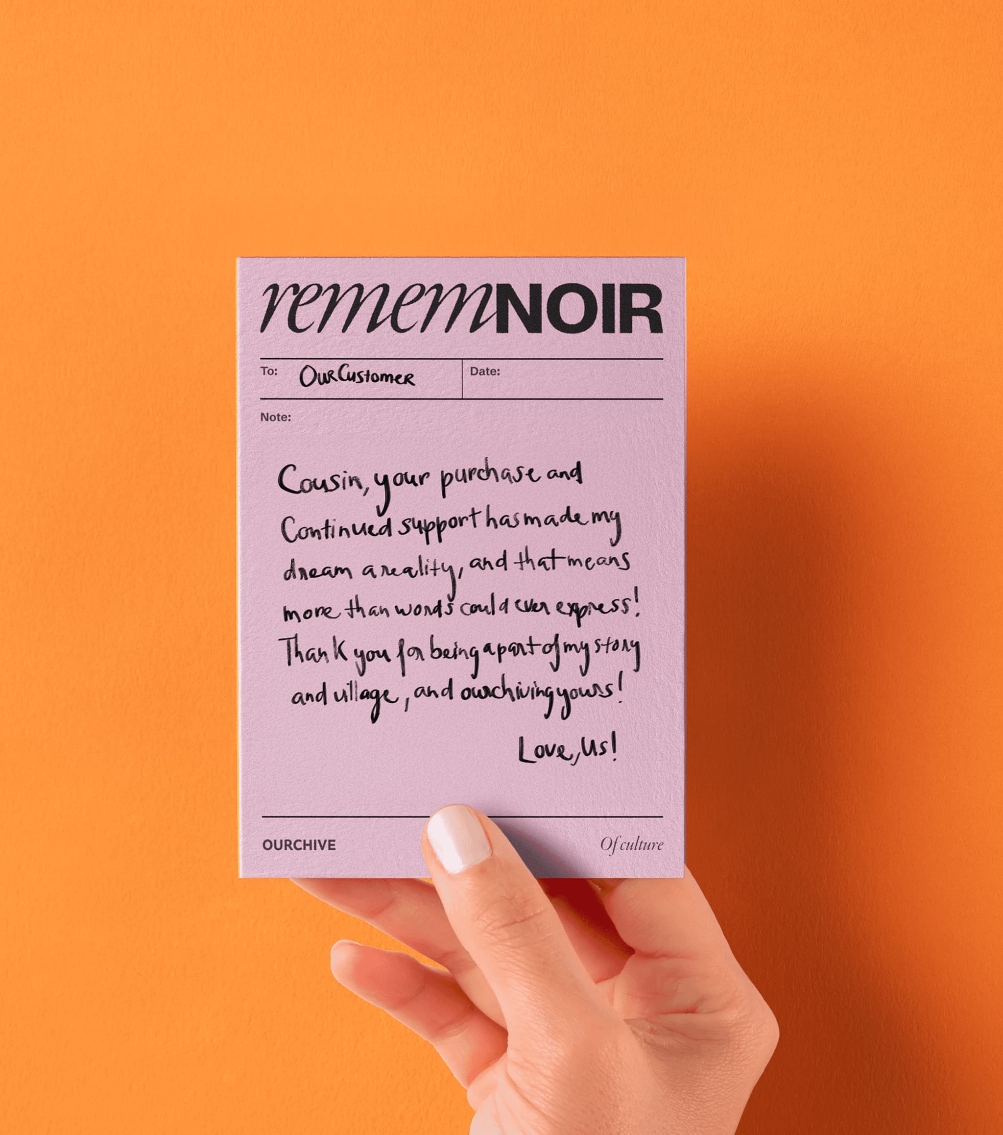 Handwritten thank-you note on purple paper for Remenoir, expressing gratitude for customer support and connection.