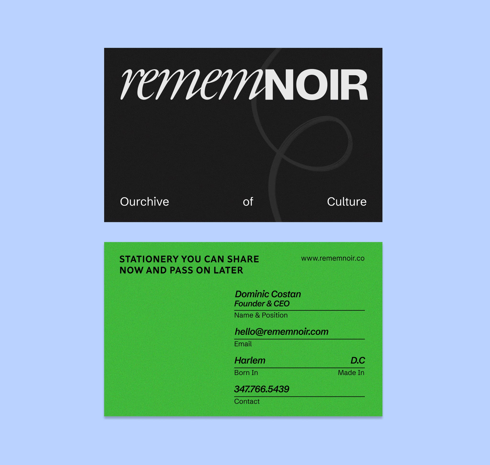 Elegant black and green business card design for RememNOIR, featuring logo, contact details, and tagline.