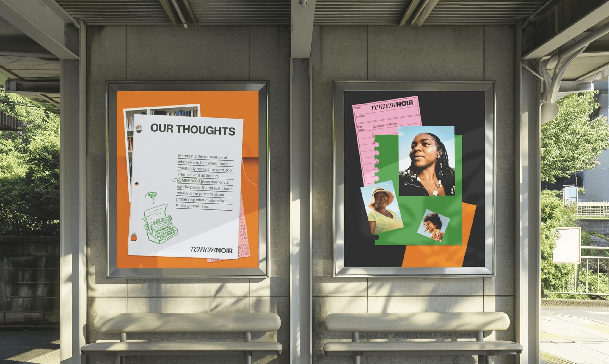 Urban display featuring two posters: one with text titled "Our Thoughts" and the other showcasing images of people and pets.