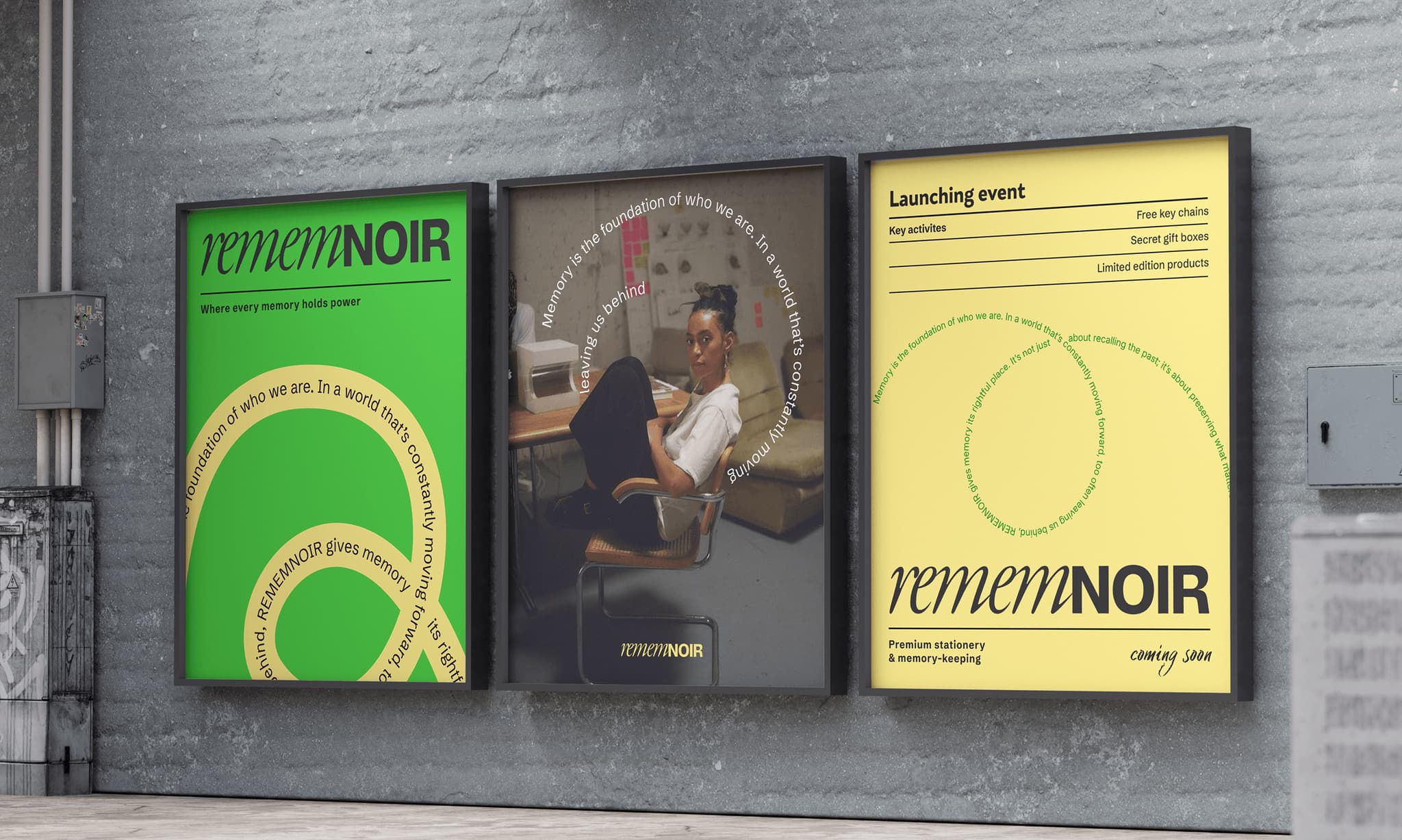 Three posters for "rememNOIR" showcase a colorful launch event, featuring bold text and a central image of a person seated.