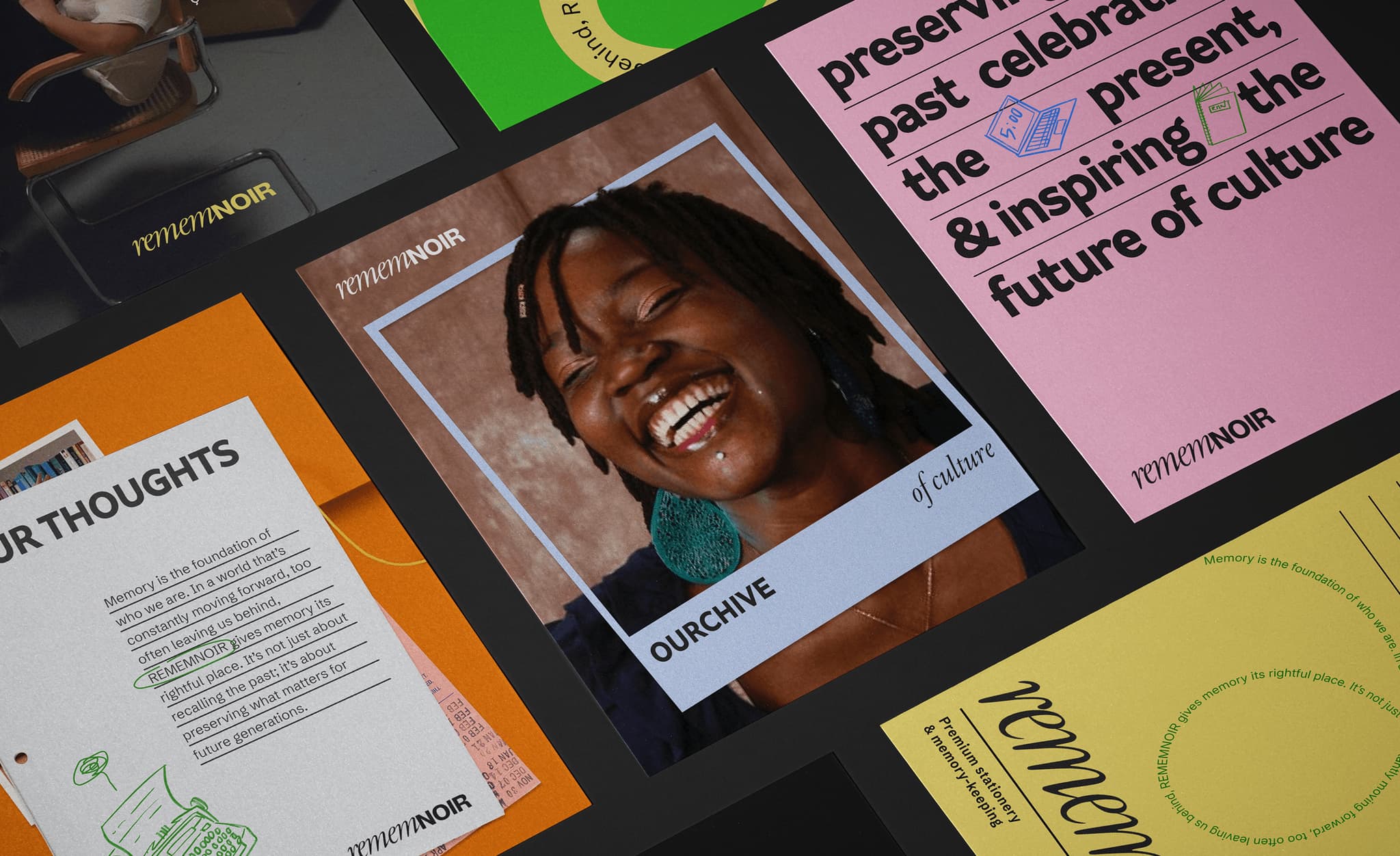 A vibrant collage showcasing diverse cultural themes, featuring a joyful woman alongside colorful design elements and text banners.