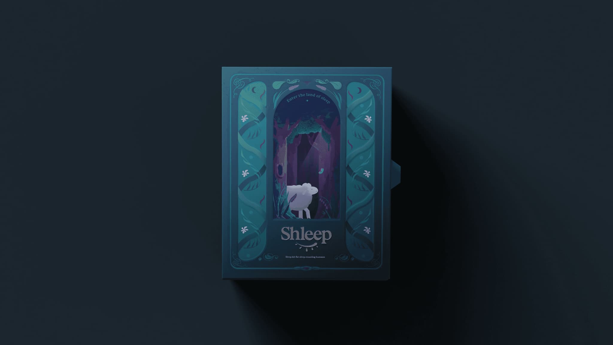 Shleep Kit box with whimsical design featuring a sheep and vibrant colors, set against a dark background.