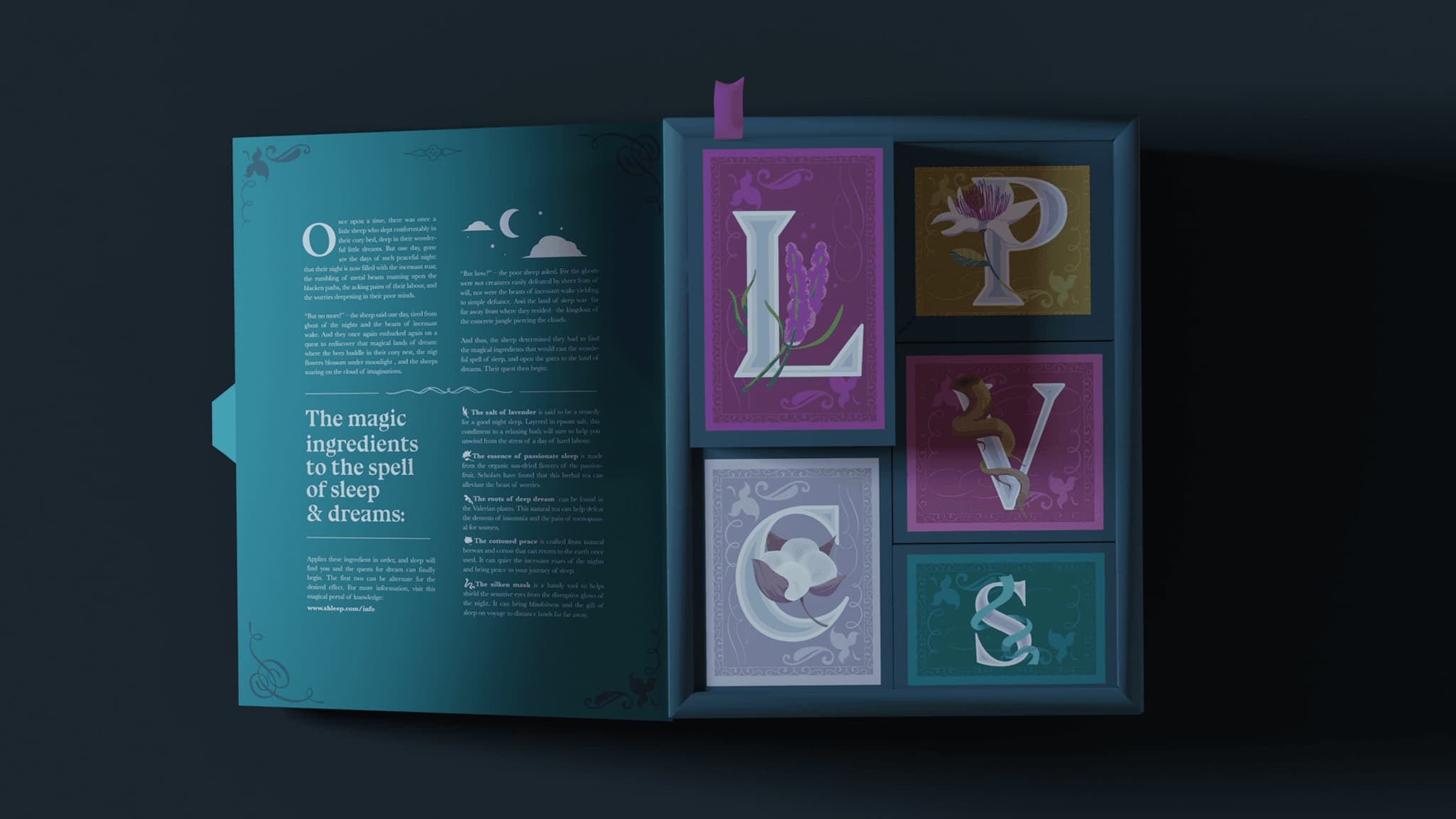 Colorful illustrated cards displayed alongside a book about sleep, featuring whimsical designs and engaging text.