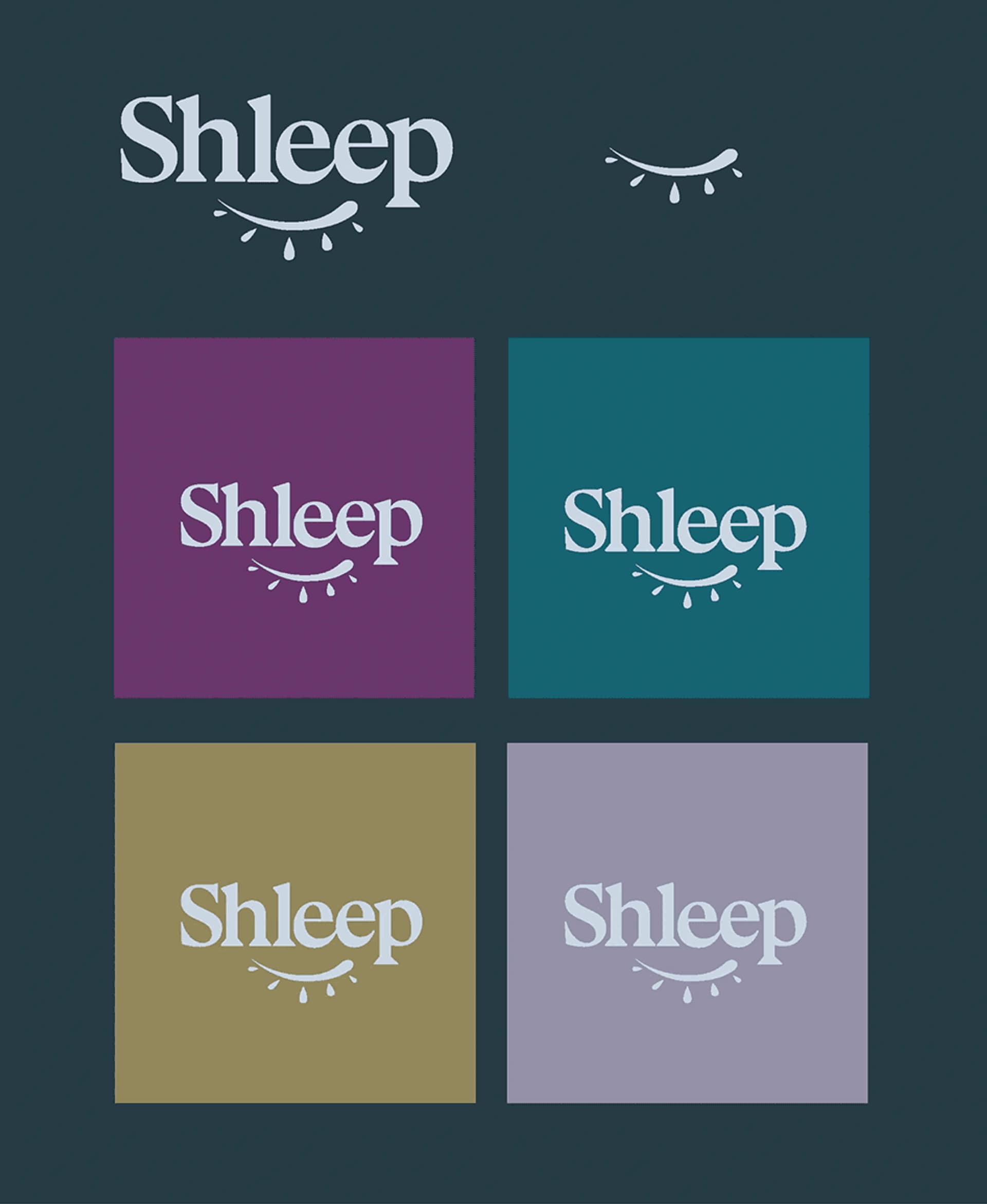 Logo design for Shleep, featuring four color variations: purple, teal, gold, and light purple, on a dark background.