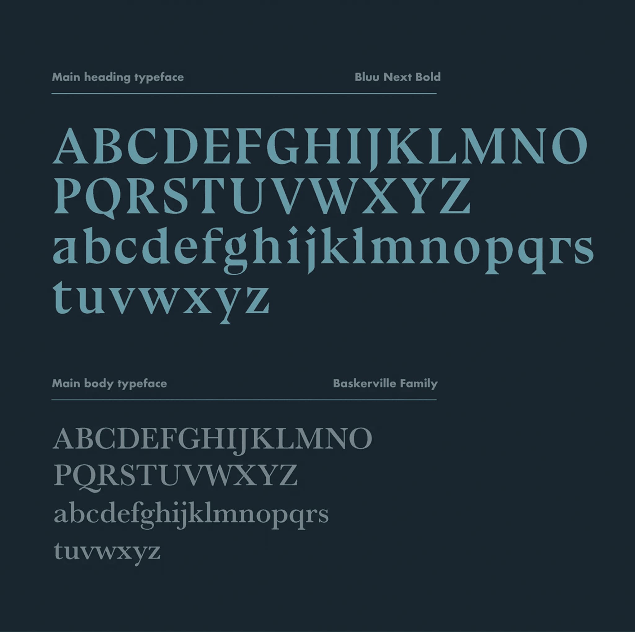 Typography sample featuring main heading typeface 'Bluu Next Bold' and body typeface 'Baskerville Family,' showcasing uppercase and lowercase letters.