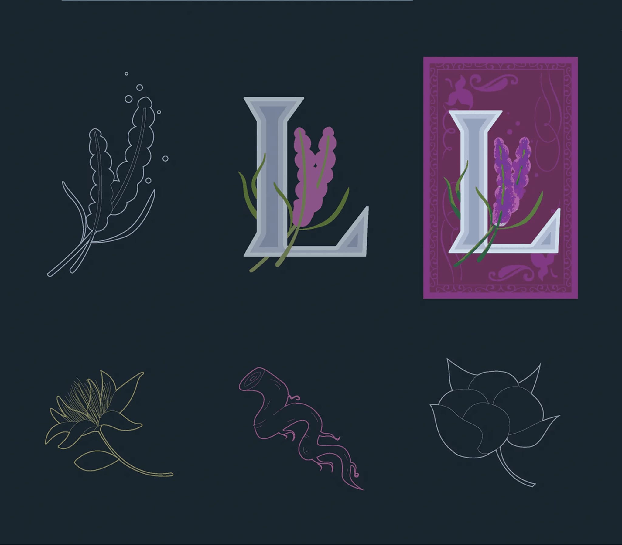 Stylized letters and floral illustrations on a dark background, featuring lavender and various botanical designs.