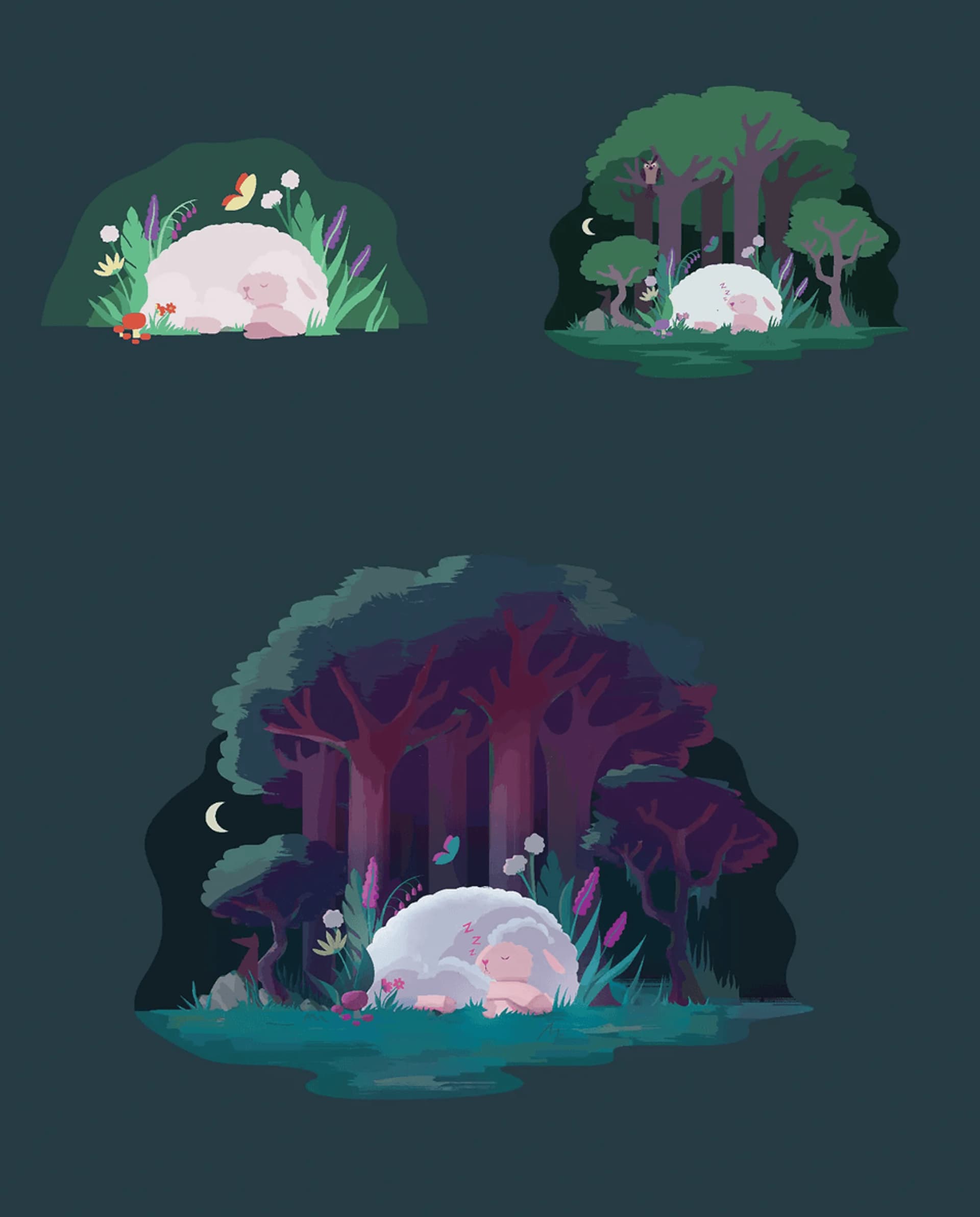 Whimsical illustrations of a sleeping sheep in dreamy forest settings, surrounded by plants and moonlight.