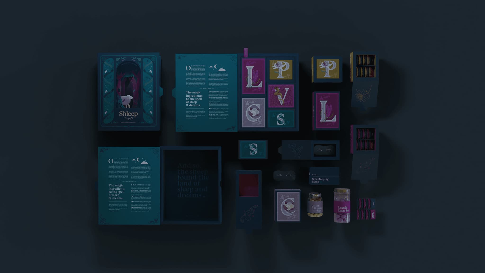 Sleep kit featuring a dark-themed design, including various cards and canisters for relaxation and sleep enhancement.