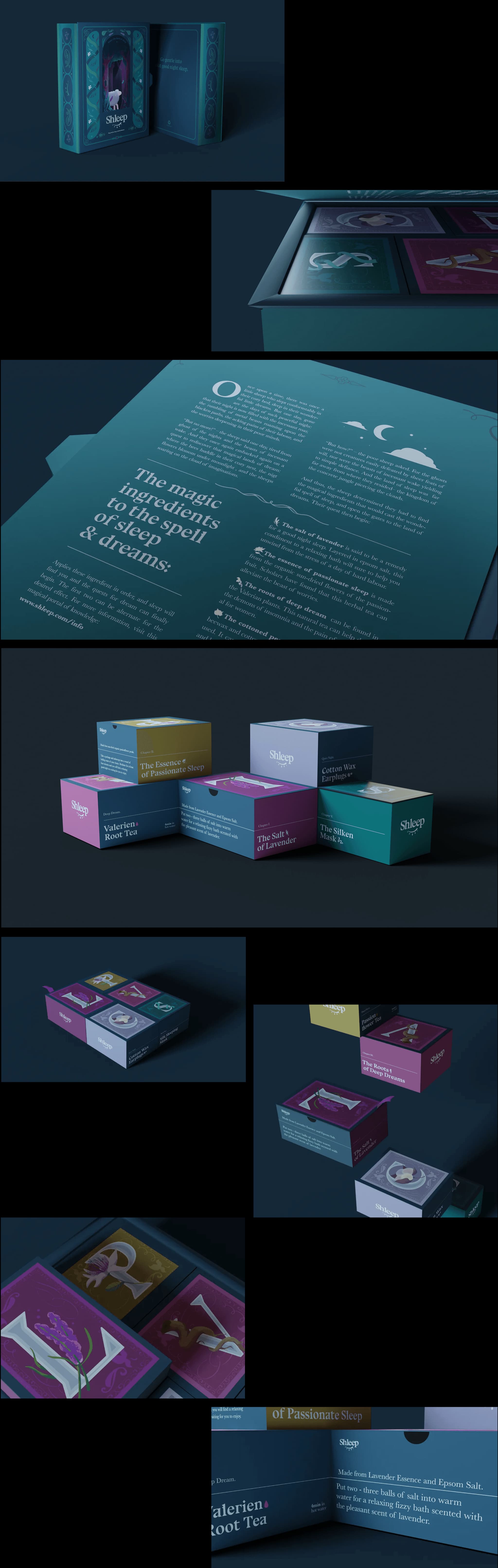 Colorful packaging design for the Shleep Kit, featuring various boxes and informational text about sleep products.