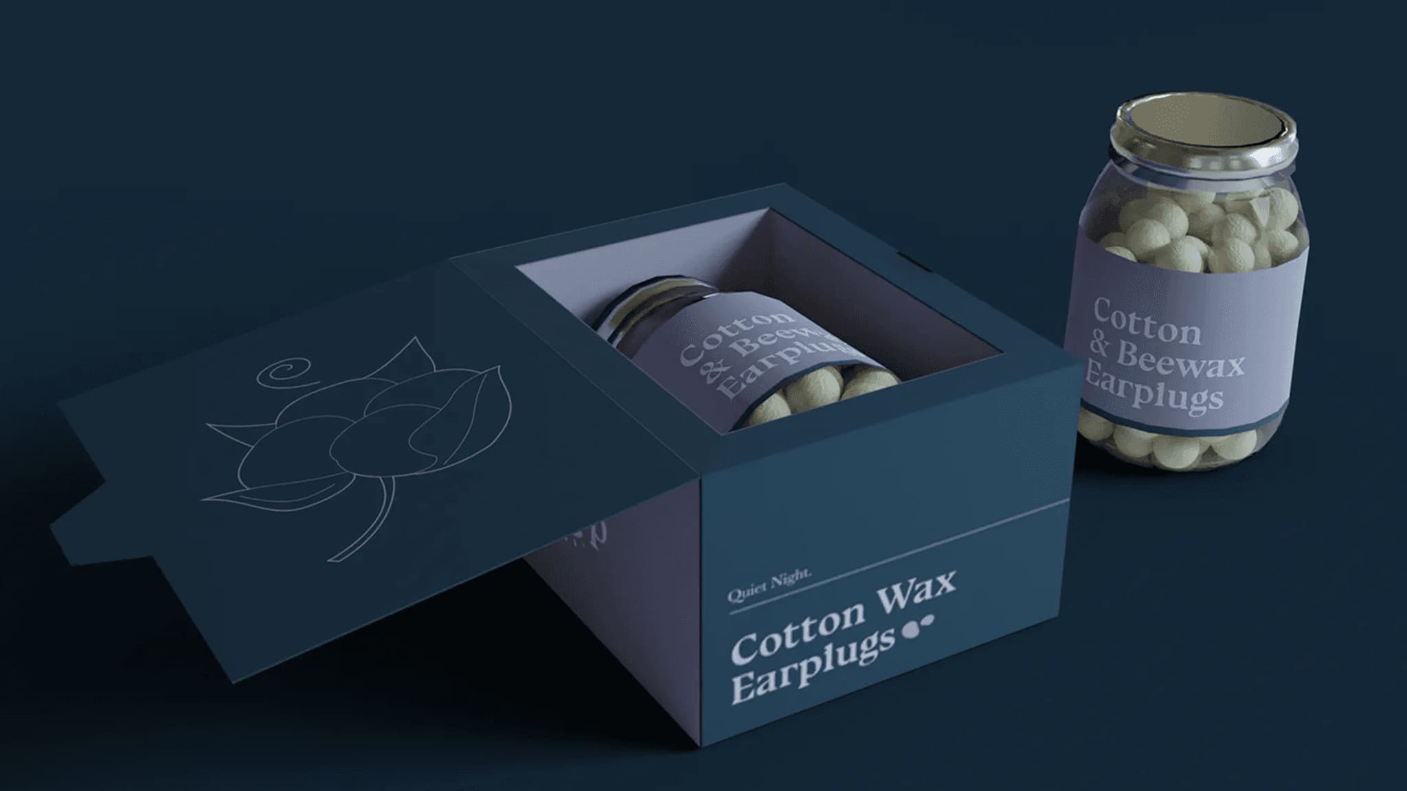 Packaging design for Cotton Wax Earplugs featuring a jar with cotton and beeswax earplugs. Modern, elegant presentation.