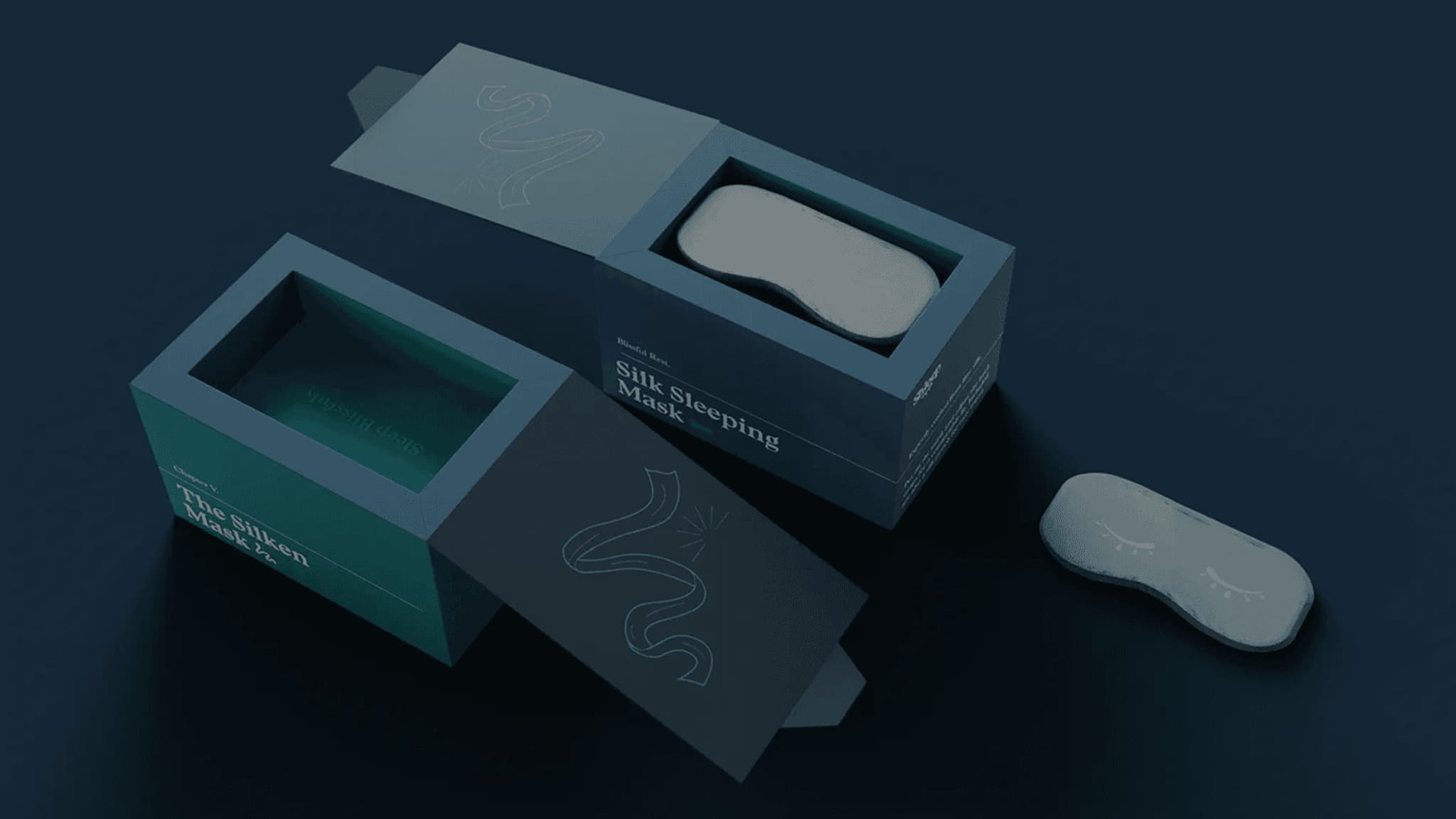 Silk eye mask packaging featuring an open box with a sleek design, ideal for sleep enhancement.
