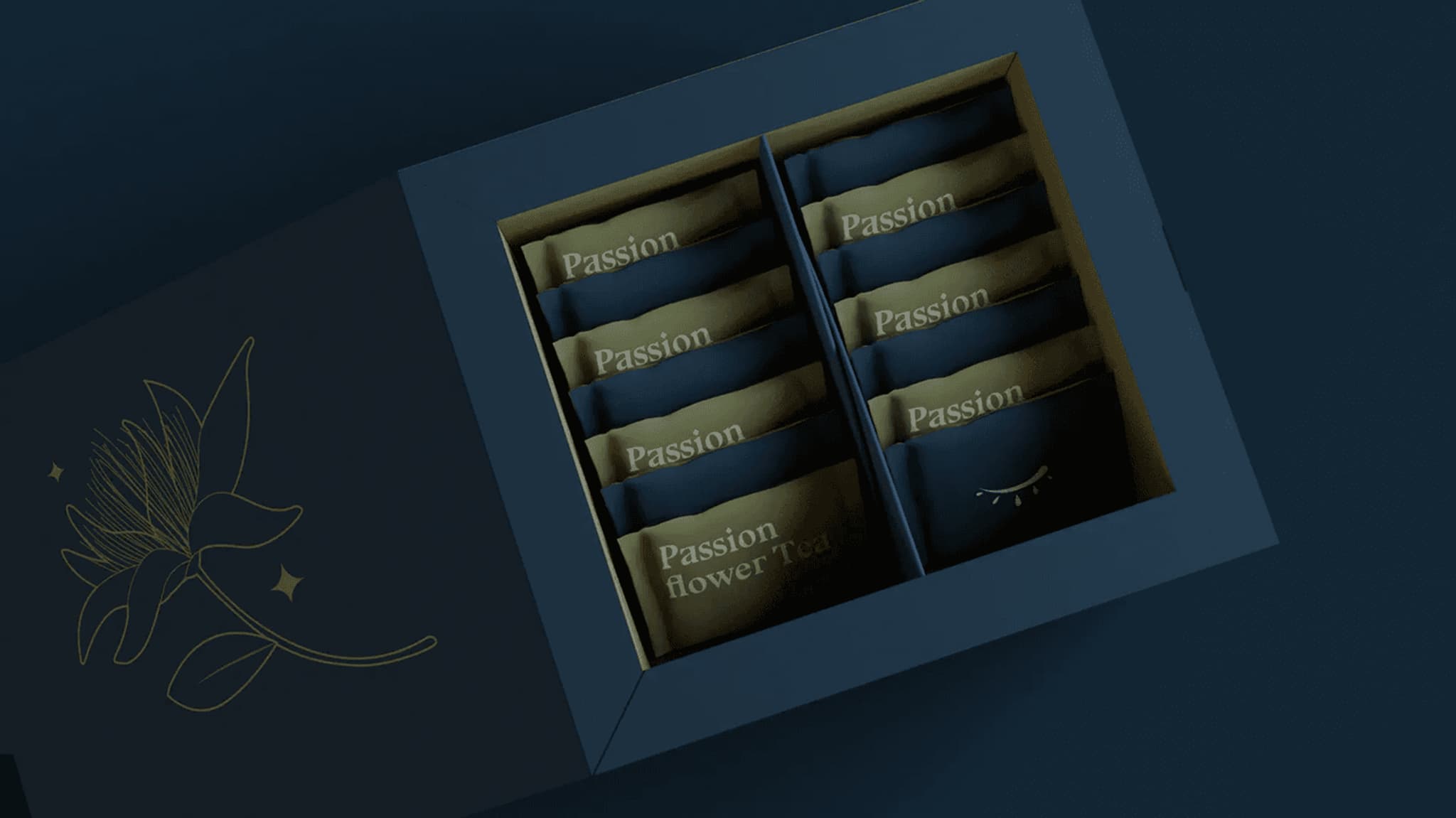 Blue box containing several packets labeled "Passion" with a floral design, arranged neatly inside.