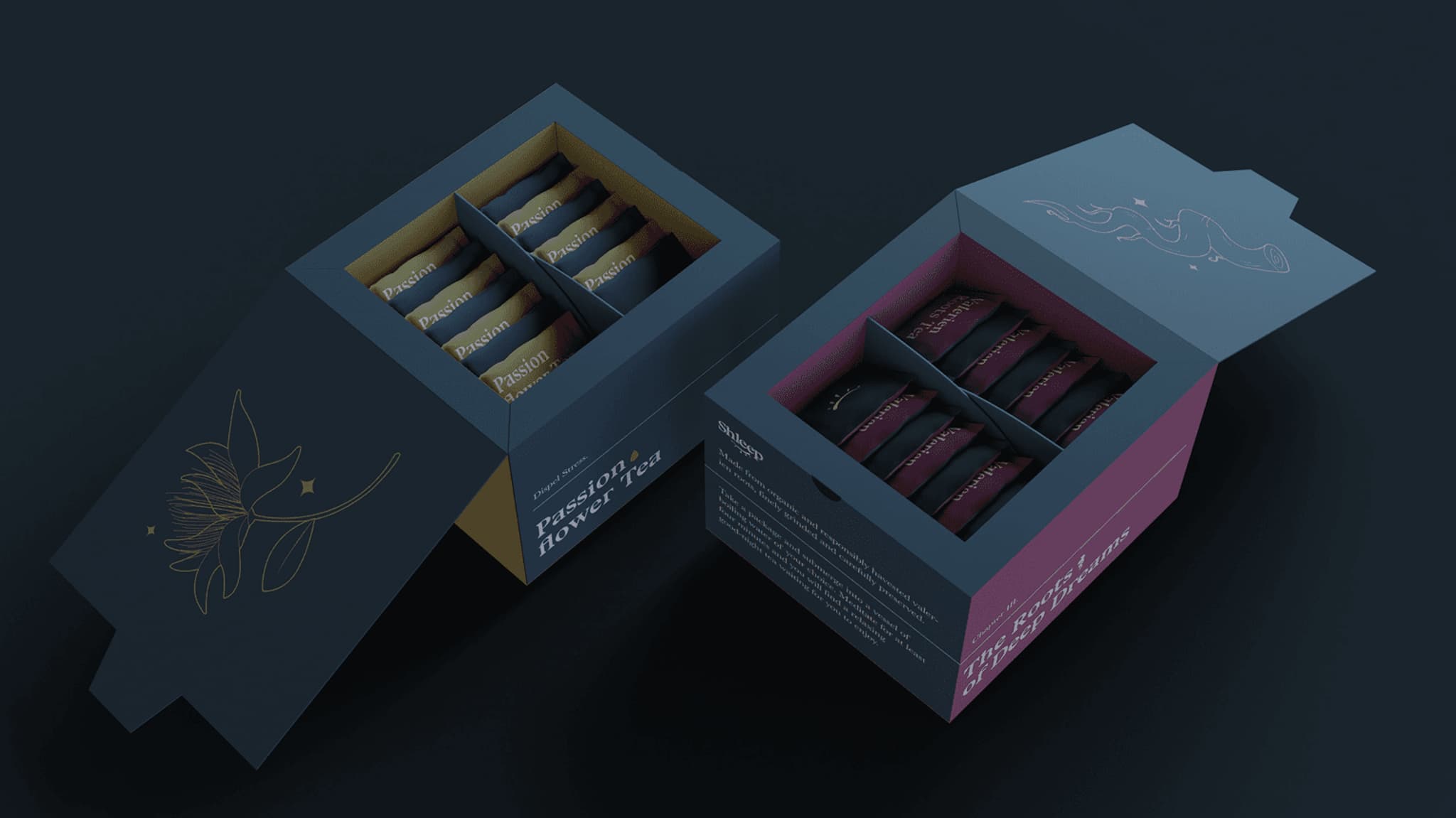 Elegant packaging of Shleep Kit featuring two open boxes with assorted products, showcasing a chic design and calming colors.