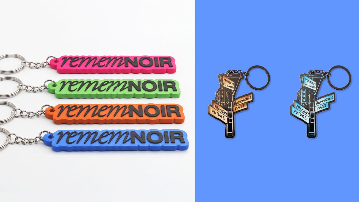 Neon “crème NOIR” enamel keychain charms on chain and key fob accessories display