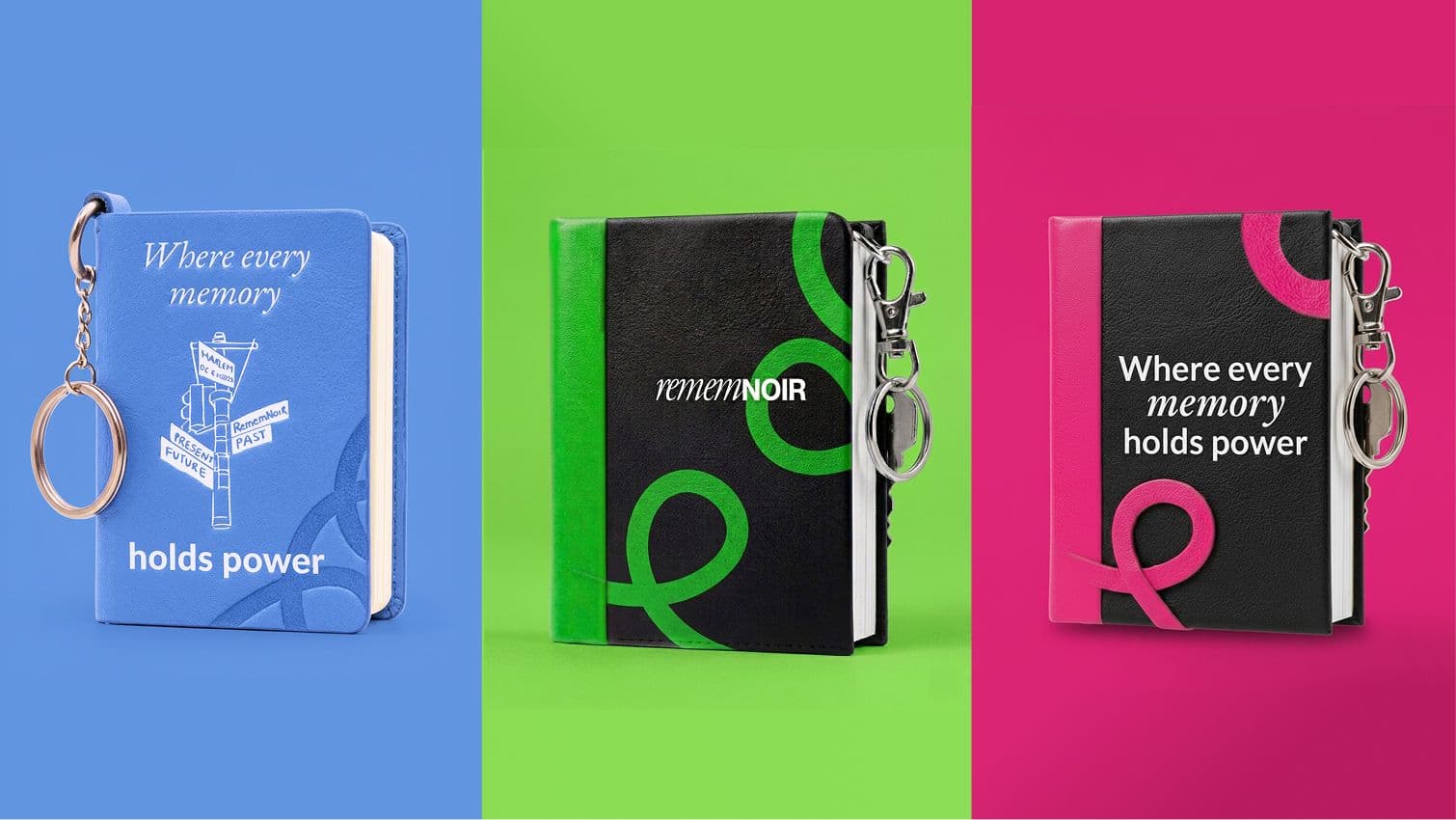 Keychain power banks on colorful background—“Where every memory holds power” and “Power / Noir” variants