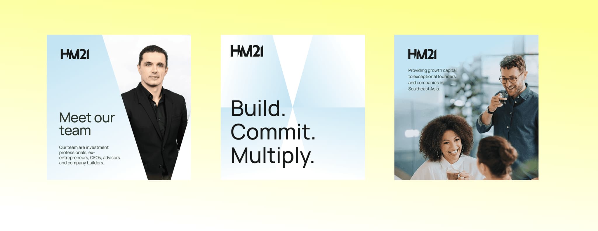 Three professional social media graphics featuring diverse individuals and text: "Meet our team," "Build. Commit. Multiply." in a modern design.