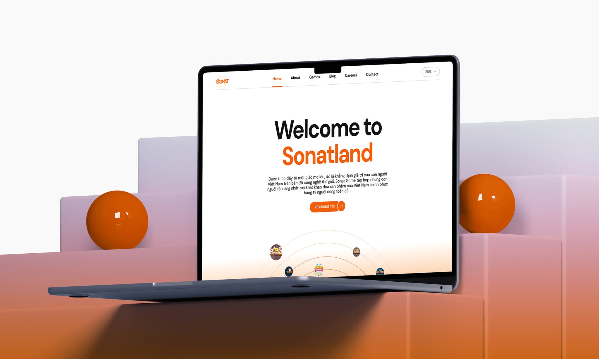 Laptop displaying the "Welcome to Sonatland" webpage, featuring orange elements and a modern design.