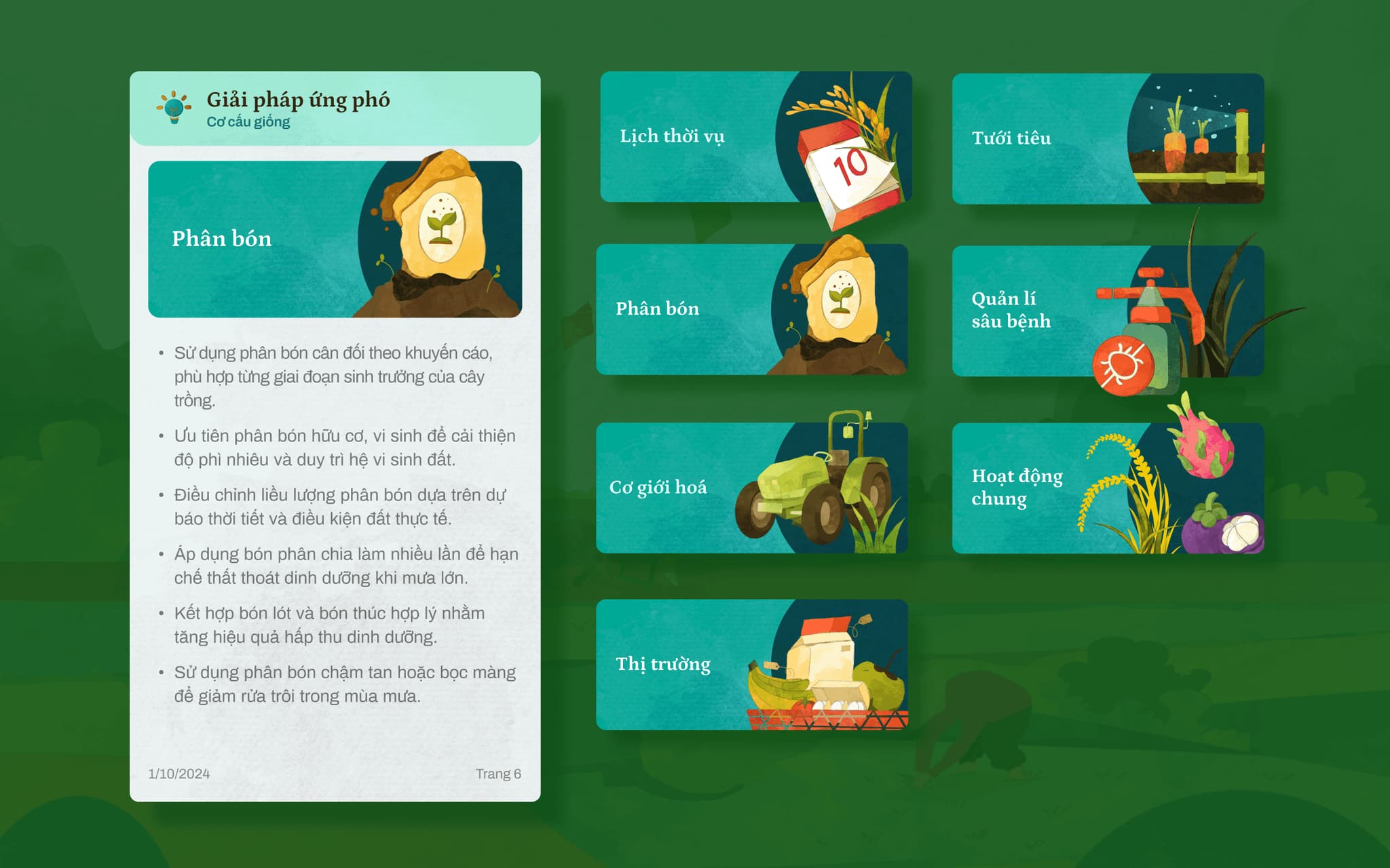 Illustration showcasing agricultural solutions, featuring icons related to soil, crops, and farming activities on a green background.