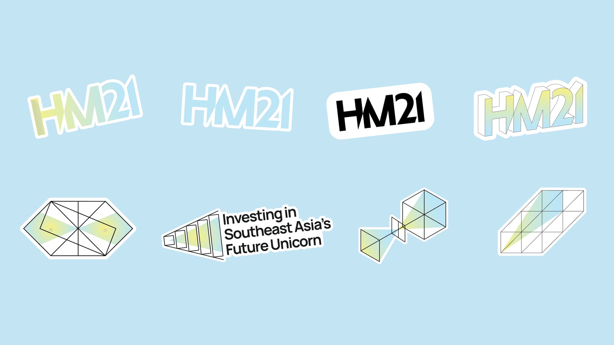 Colorful stickers featuring the text "HM21" and graphics related to investing in Southeast Asia's future unicorns.