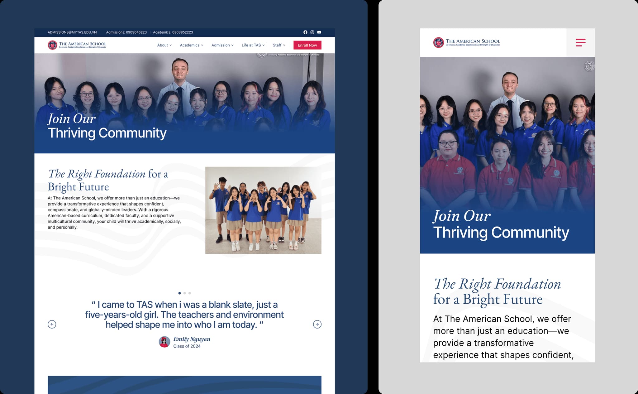 Alt text: Mobile view of TAS Double Media website featuring a diverse community and a welcoming message about education.