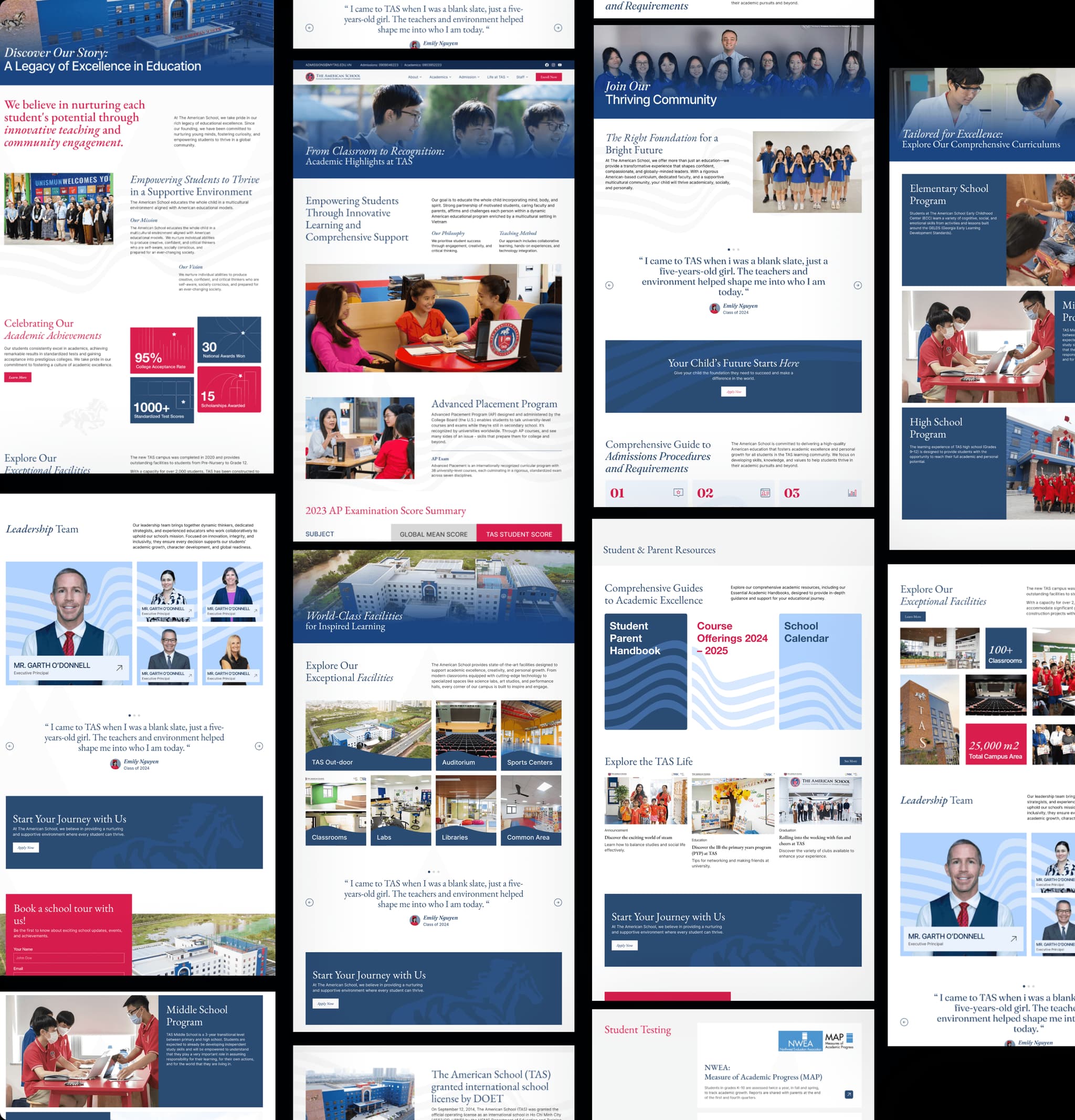 Collection of educational website screenshots showcasing various school programs, community initiatives, and leadership profiles.